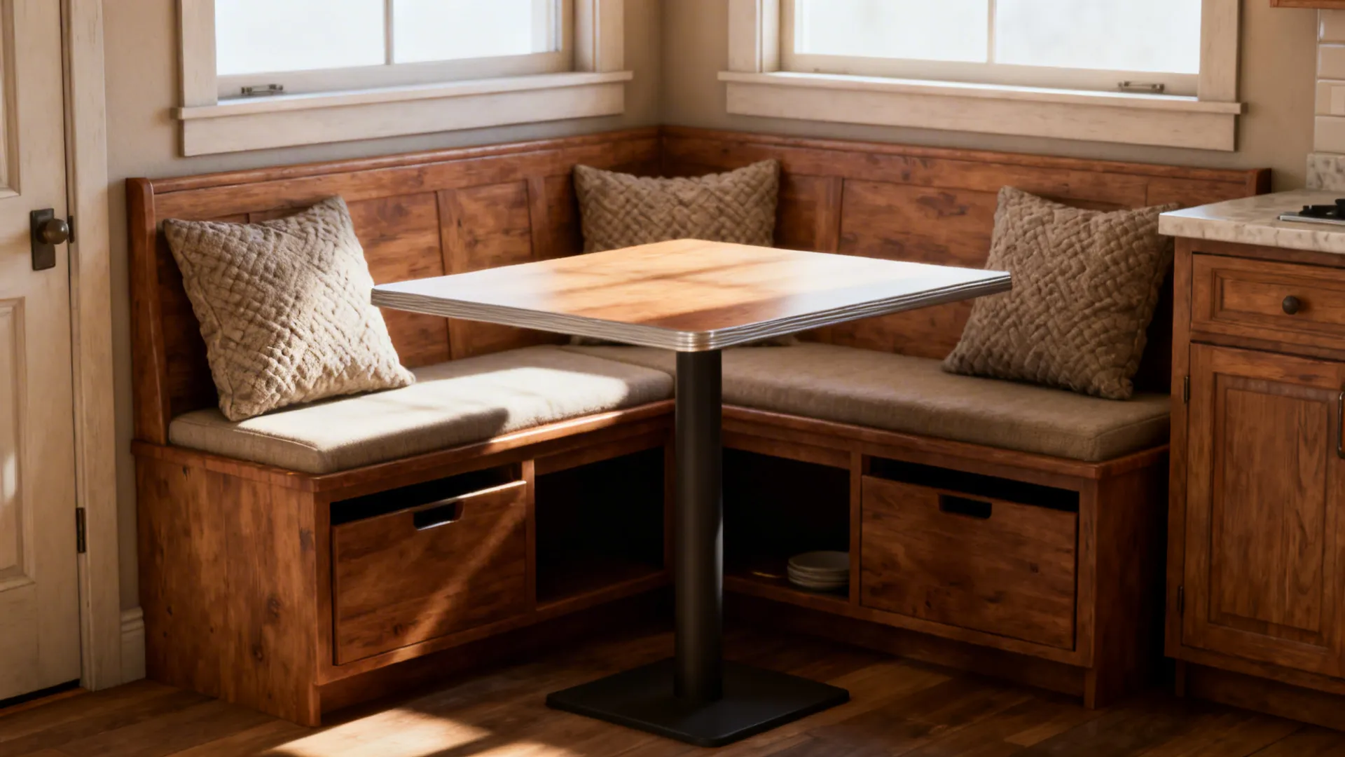 Corner breakfast nook with built-in bench seating, narrow table and storage under the seat.