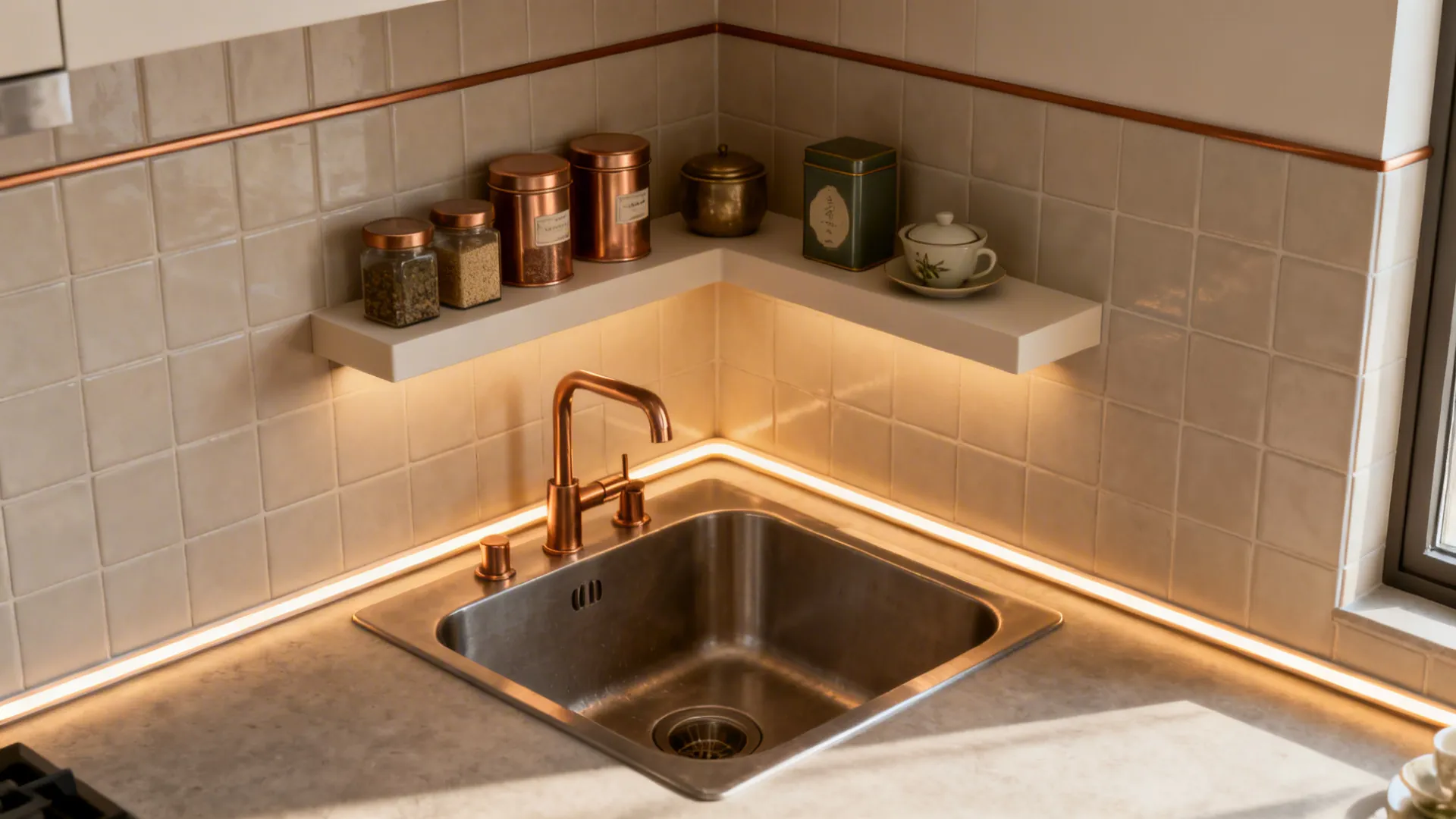Corner bridge shelf above a corner sink with spices and a slim LED light underneath.