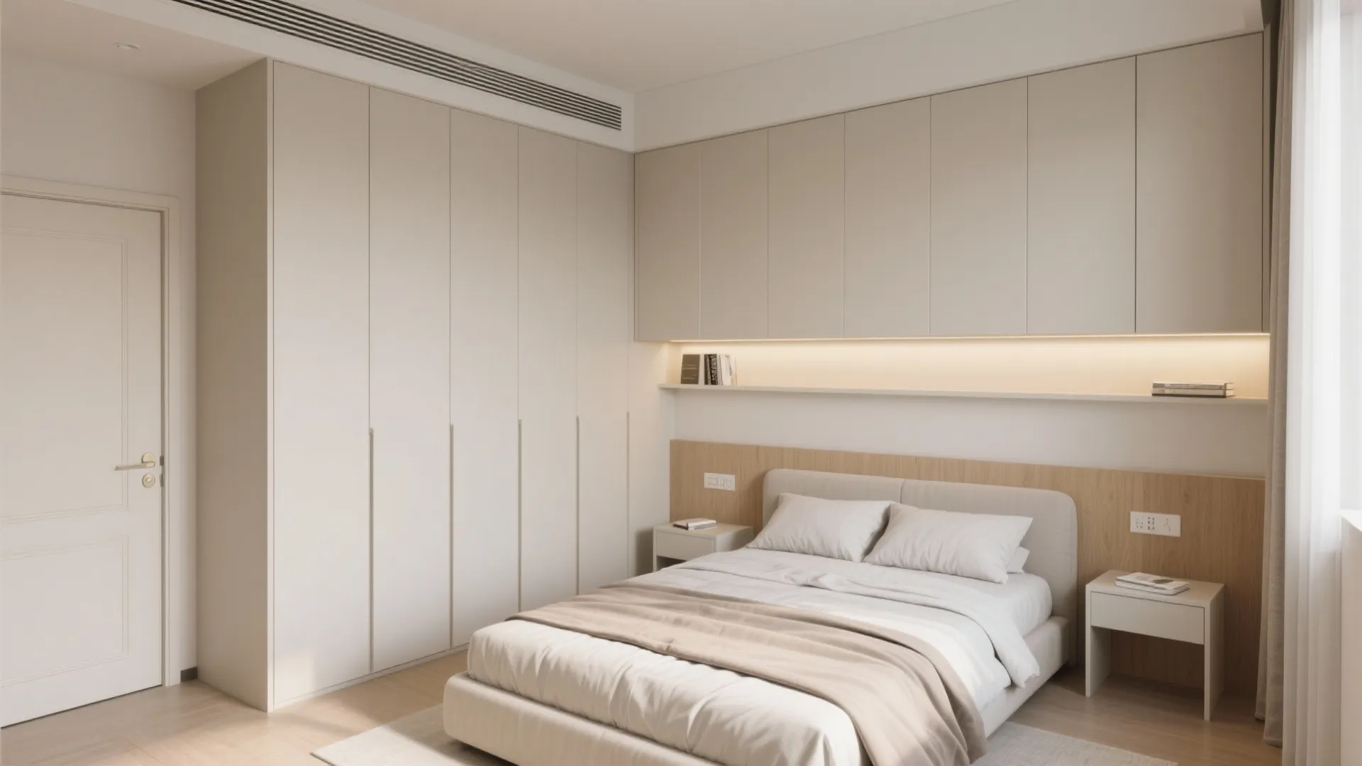 Corner wardrobe with over-bed bridge cabinet creating deep storage in a small bedroom.