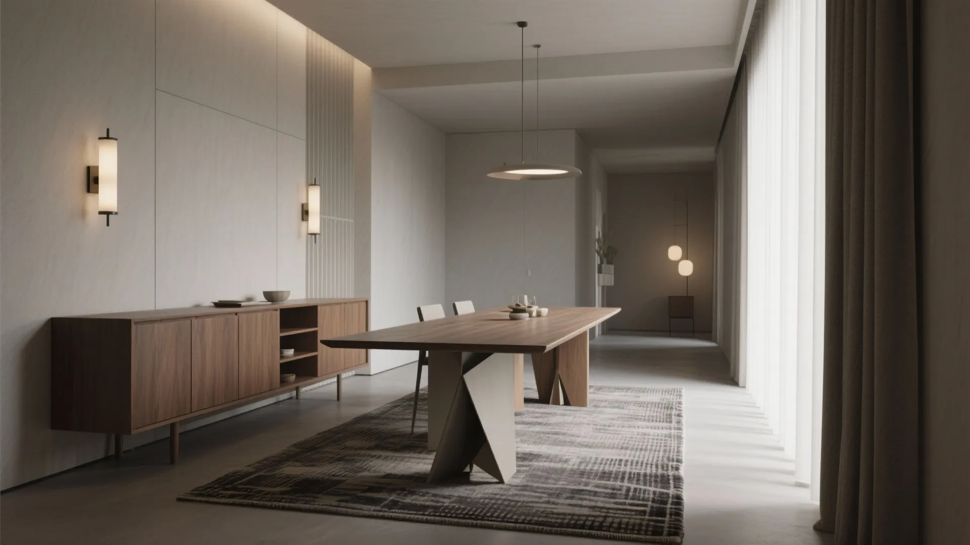 Narrow table floated near a corner buffet with a folding leaf, anchored by a rug in a narrow dining room.