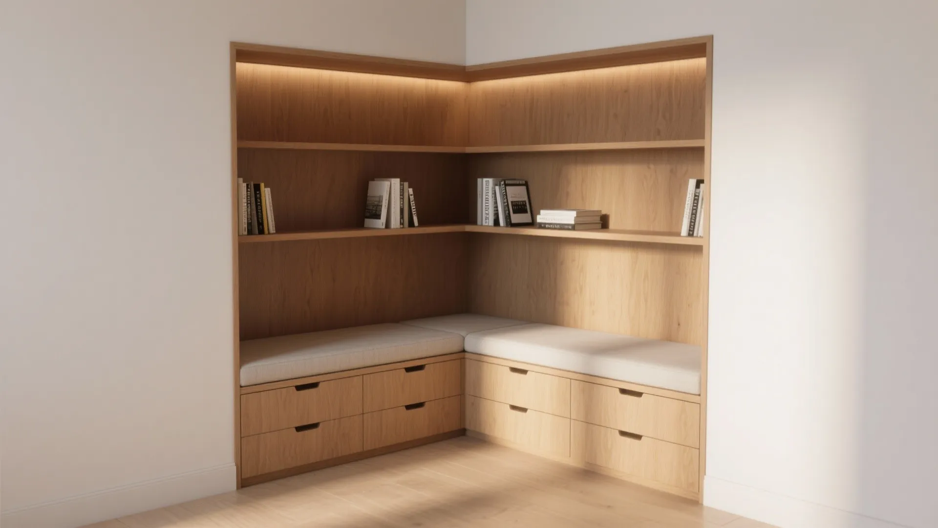 Corner wooden bookshelf unit with built-in bench seating and storage drawers beneath shelves holding several books