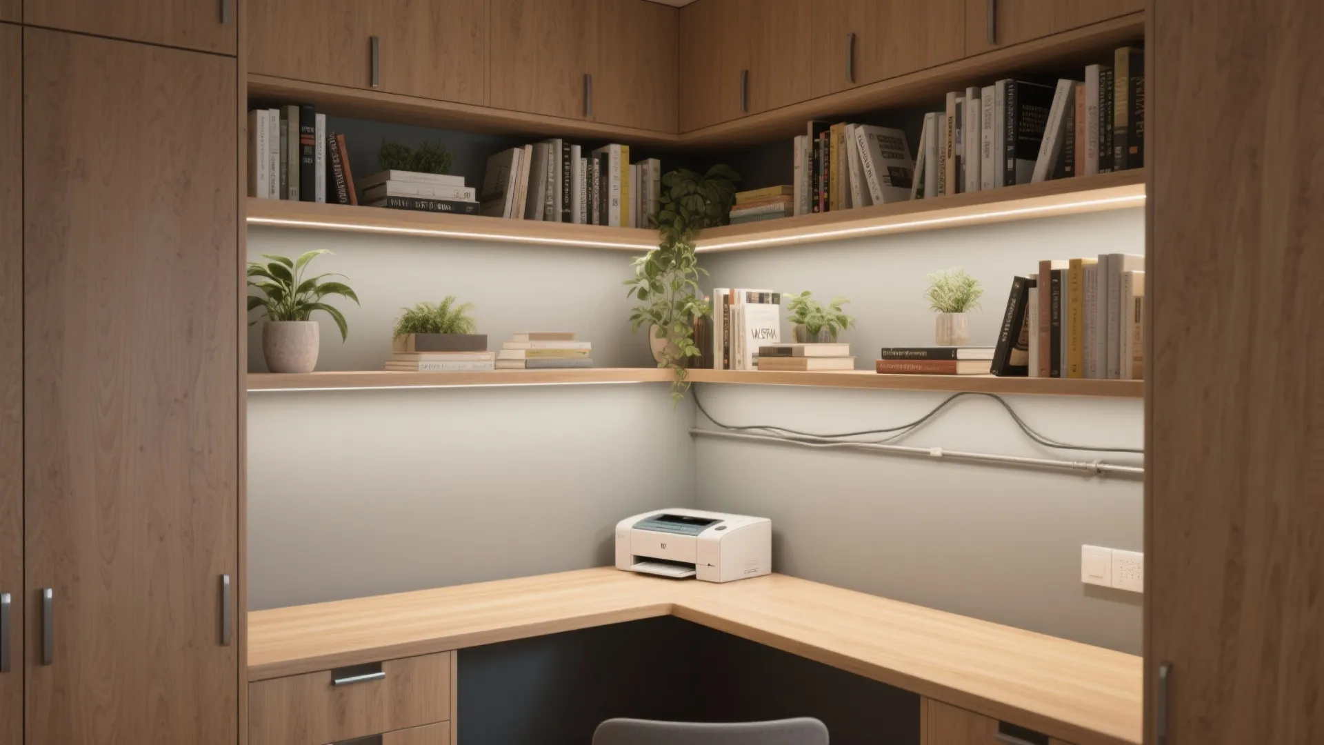 4. Corner built-in desk with tiered shelving
