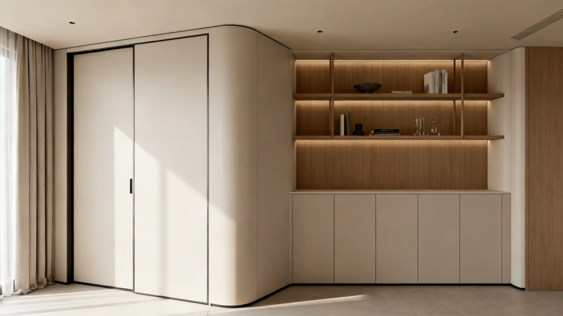 Angled corner built-in cabinet with sliding door and display shelves, reclaiming unused space.