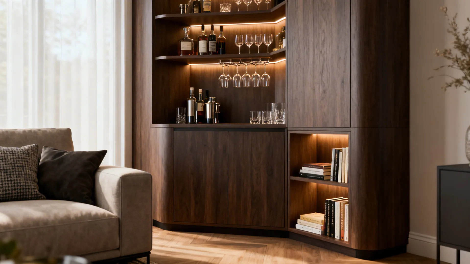 Corner built-in combining a bar and book nook with precise carpentry.
