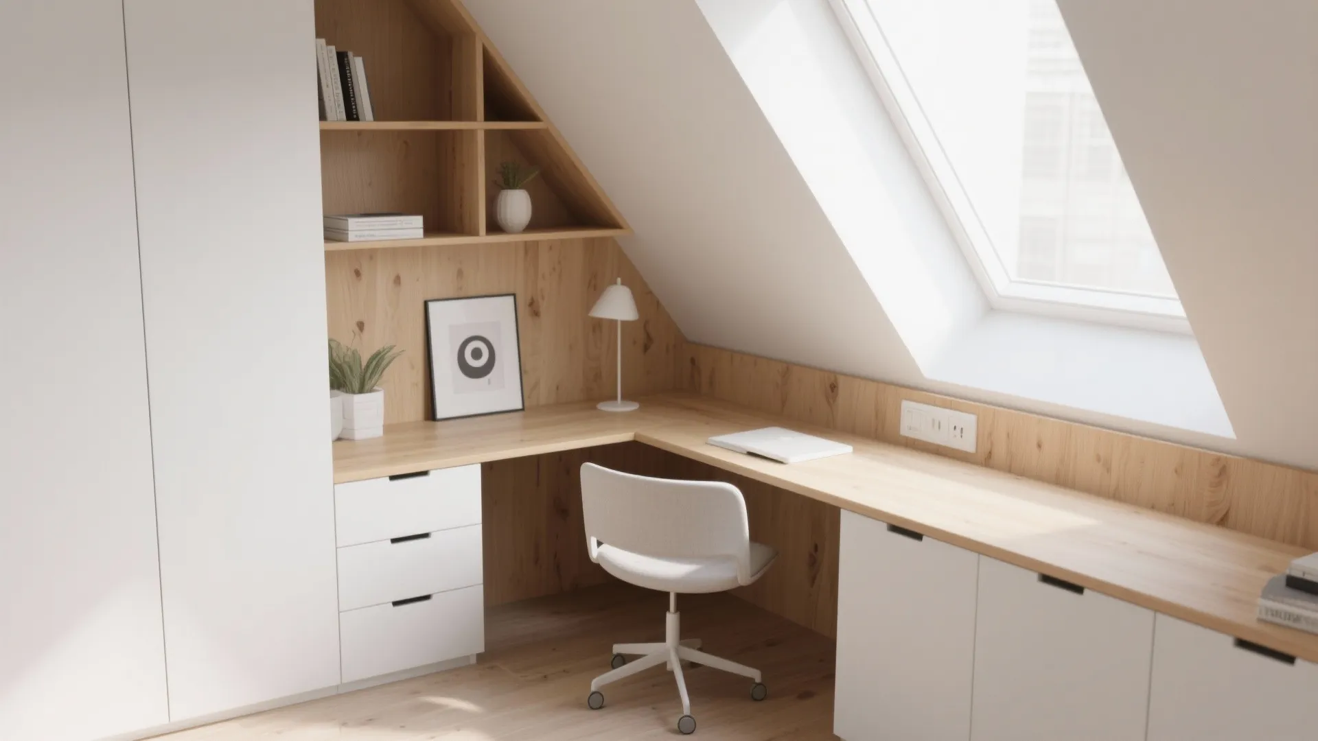 Minimalist attic workspace with wooden corner desk white chair wall shelves and large roof window