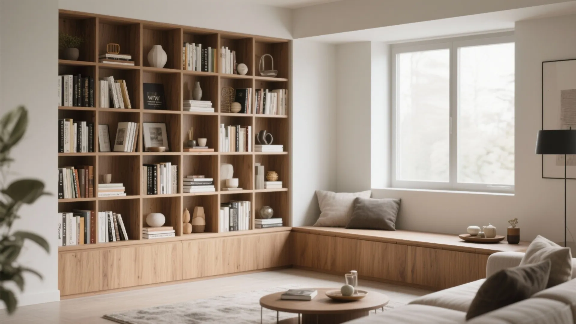 Built-in bookshelf in a cozy awkward corner of a modern living room