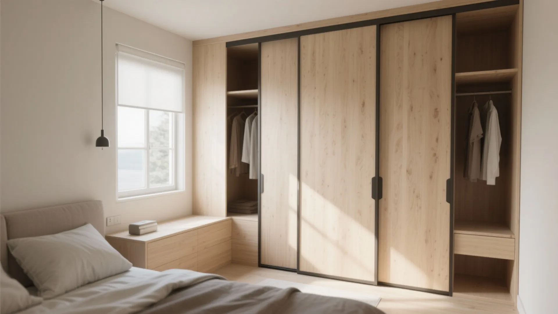 Custom built-in wardrobe in bedroom corner with sliding doors