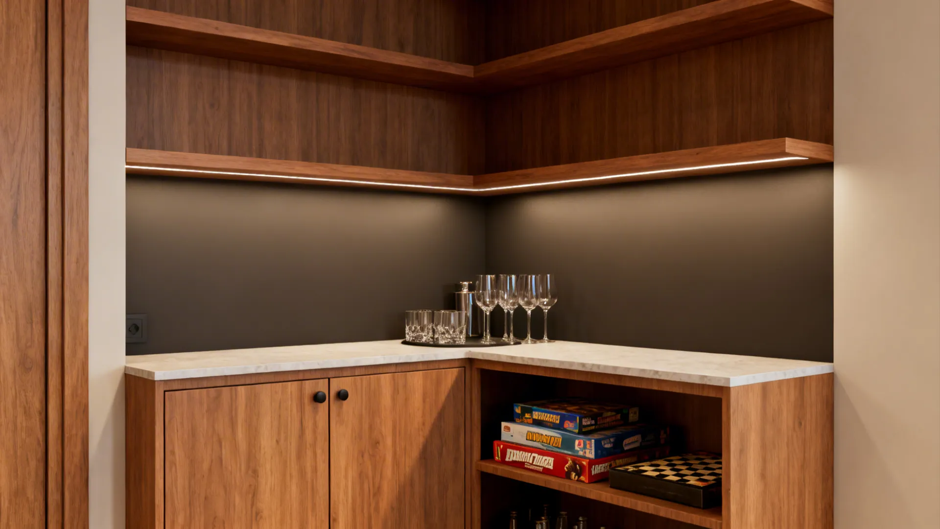 L-shaped corner built-in shelving with open shelves above and cupboards below used as a compact bar