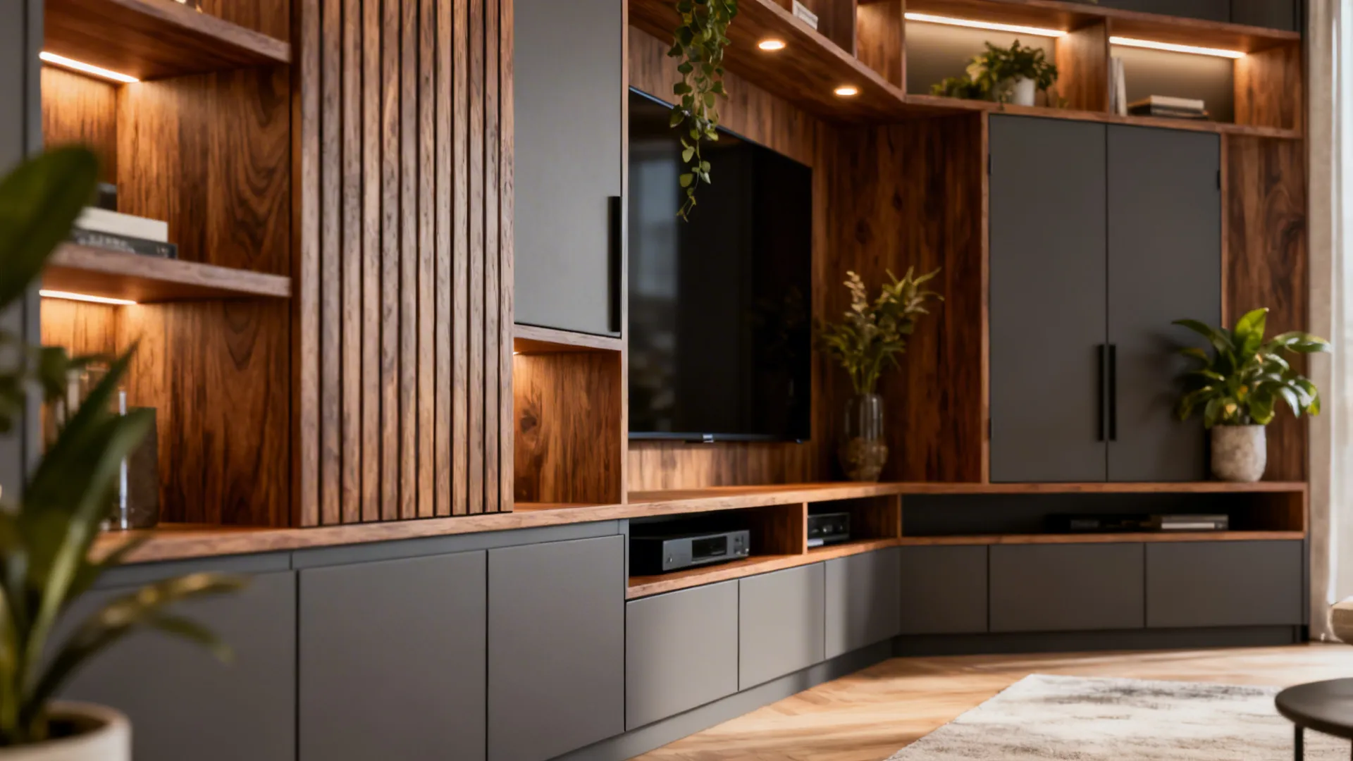 Custom built-in corner shelving and cabinets with plants and warm lighting in an L-shaped living room