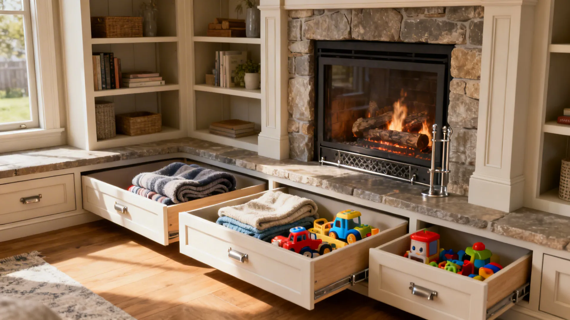 Built-in low cabinetry and open shelving wrapping a corner fireplace with shallow drawers
