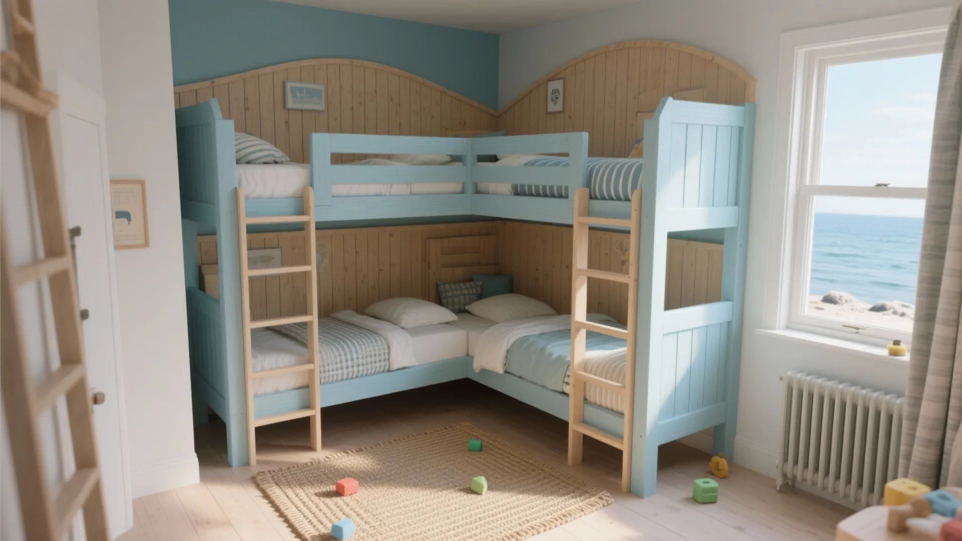 Blue wooden corner bunk beds for kids with ladders and ocean view from the windows