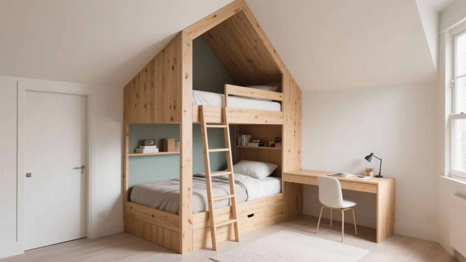 Corner bunk bed under a sloped ceiling with ladder at the higher headroom side and a study nook.