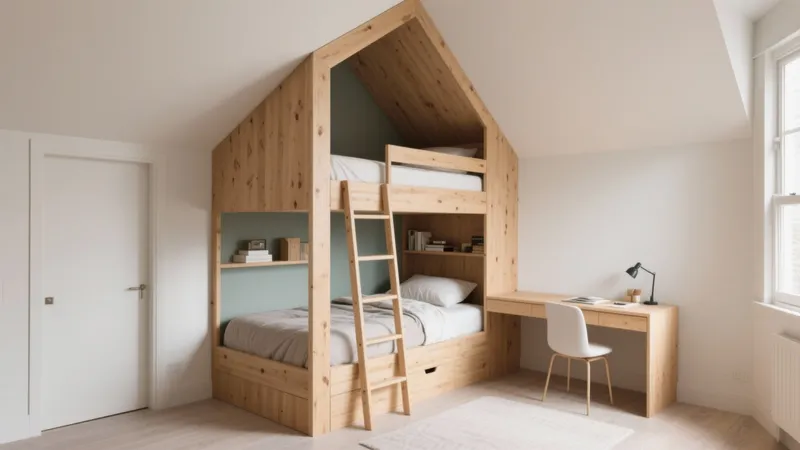 Modern Wooden Bunk Bed Design with Built-In Desk