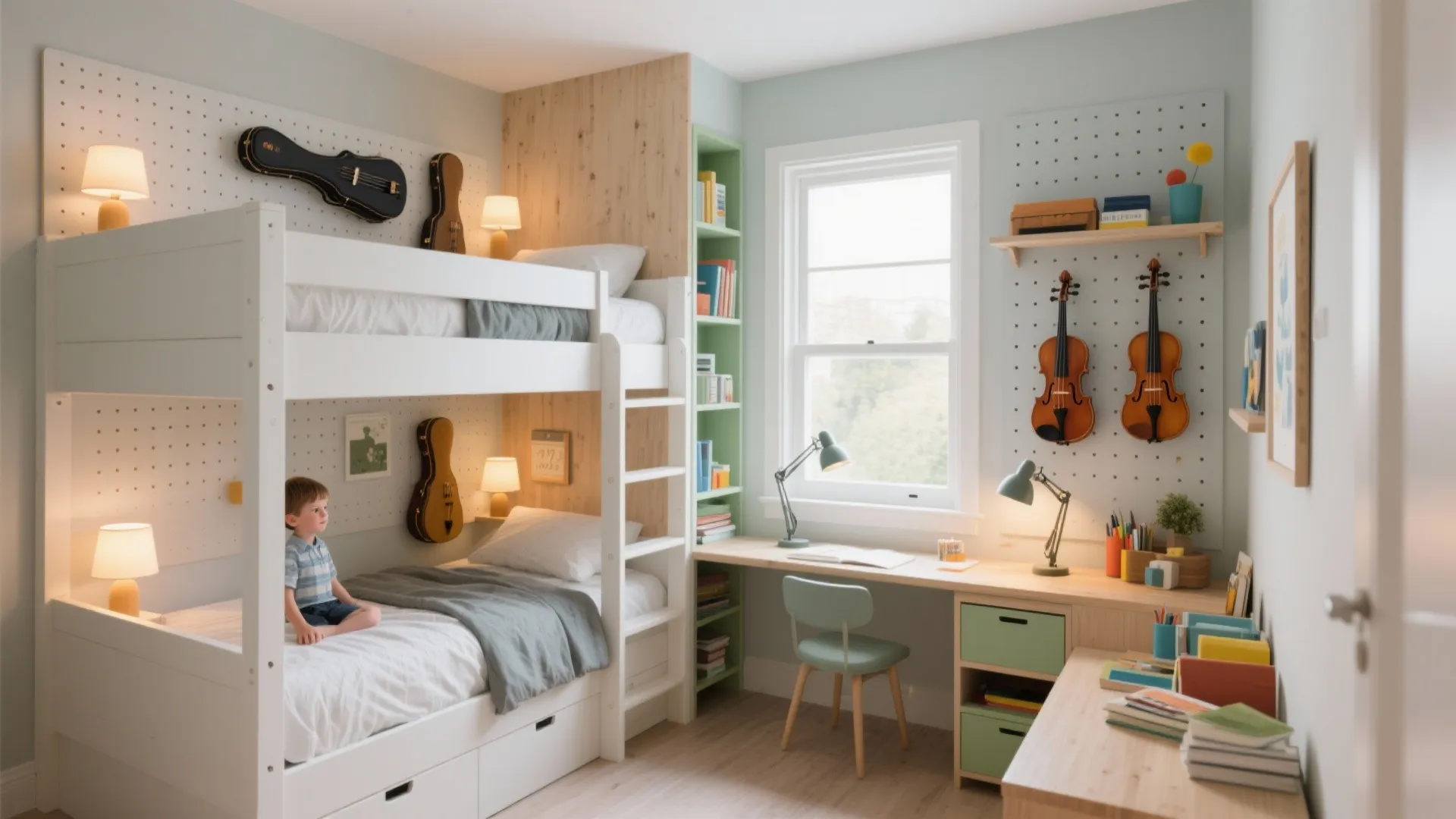 Shared small bedroom with corner bunks and a bright study nook by the window.