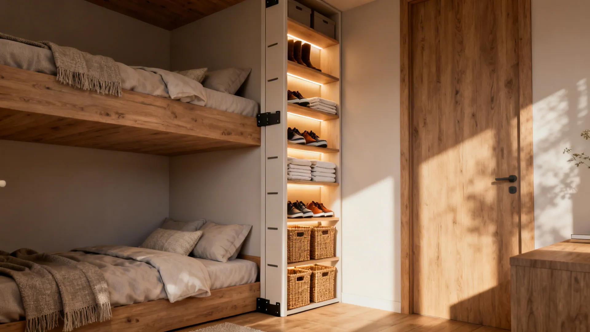 Corner bunk with a slim vertical storage tower and internal lighting freeing floor space