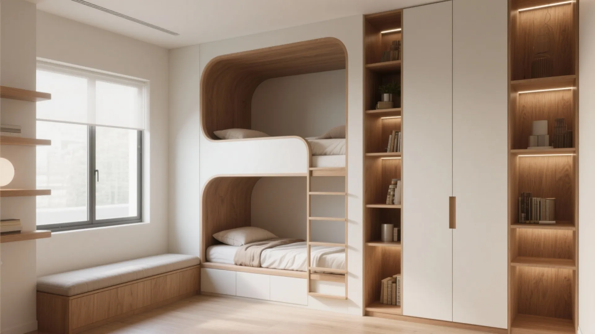 Corner-stacked bunks with vertical shelving and a window seat in a compact bedroom with bright reflective surfaces.