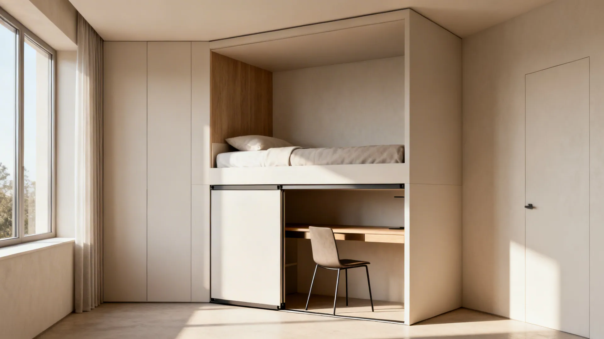 4. Corner-Integrated Bunks with Sliding Desk