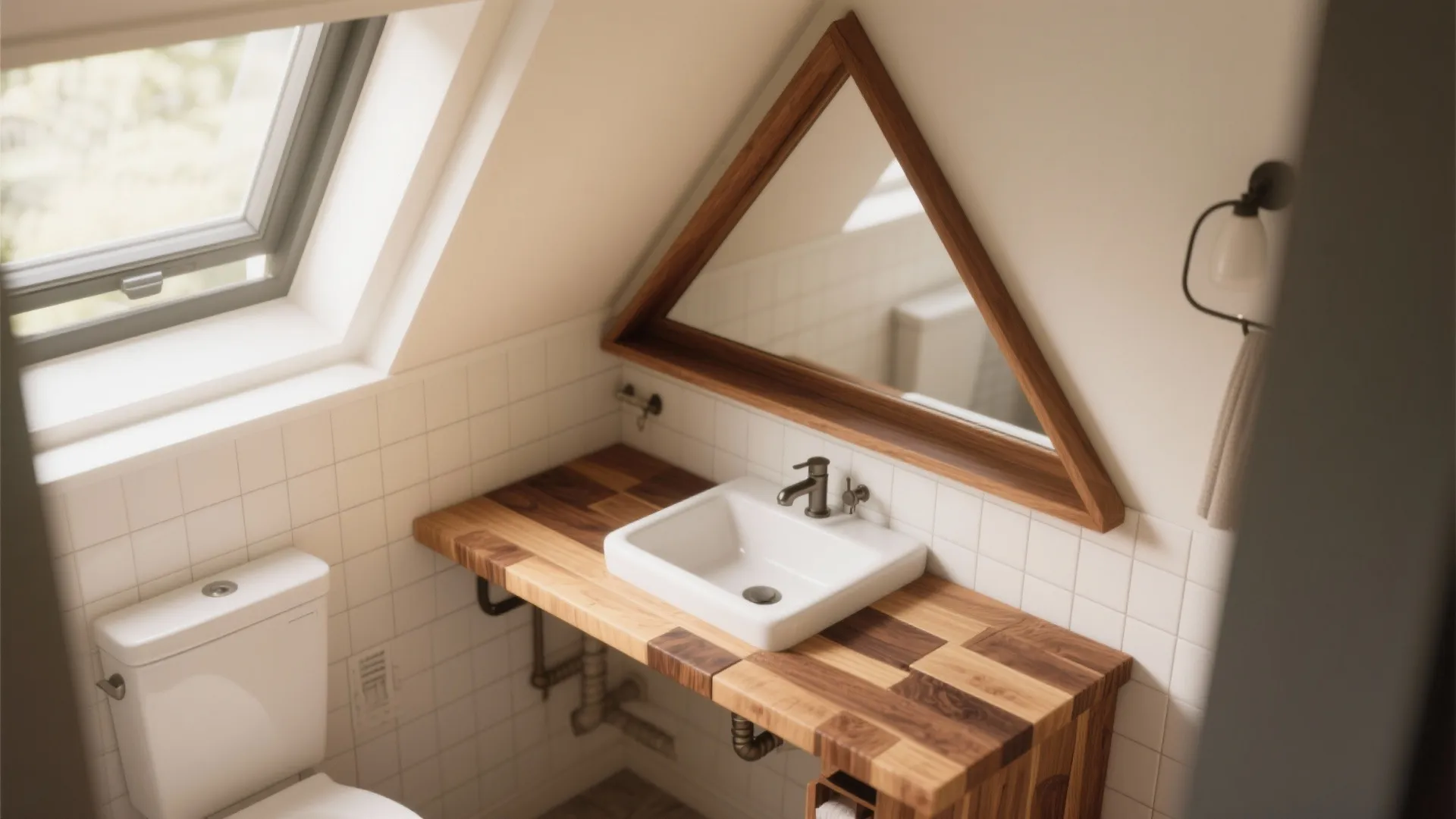 5. Compact corner vanity with butcher-block top