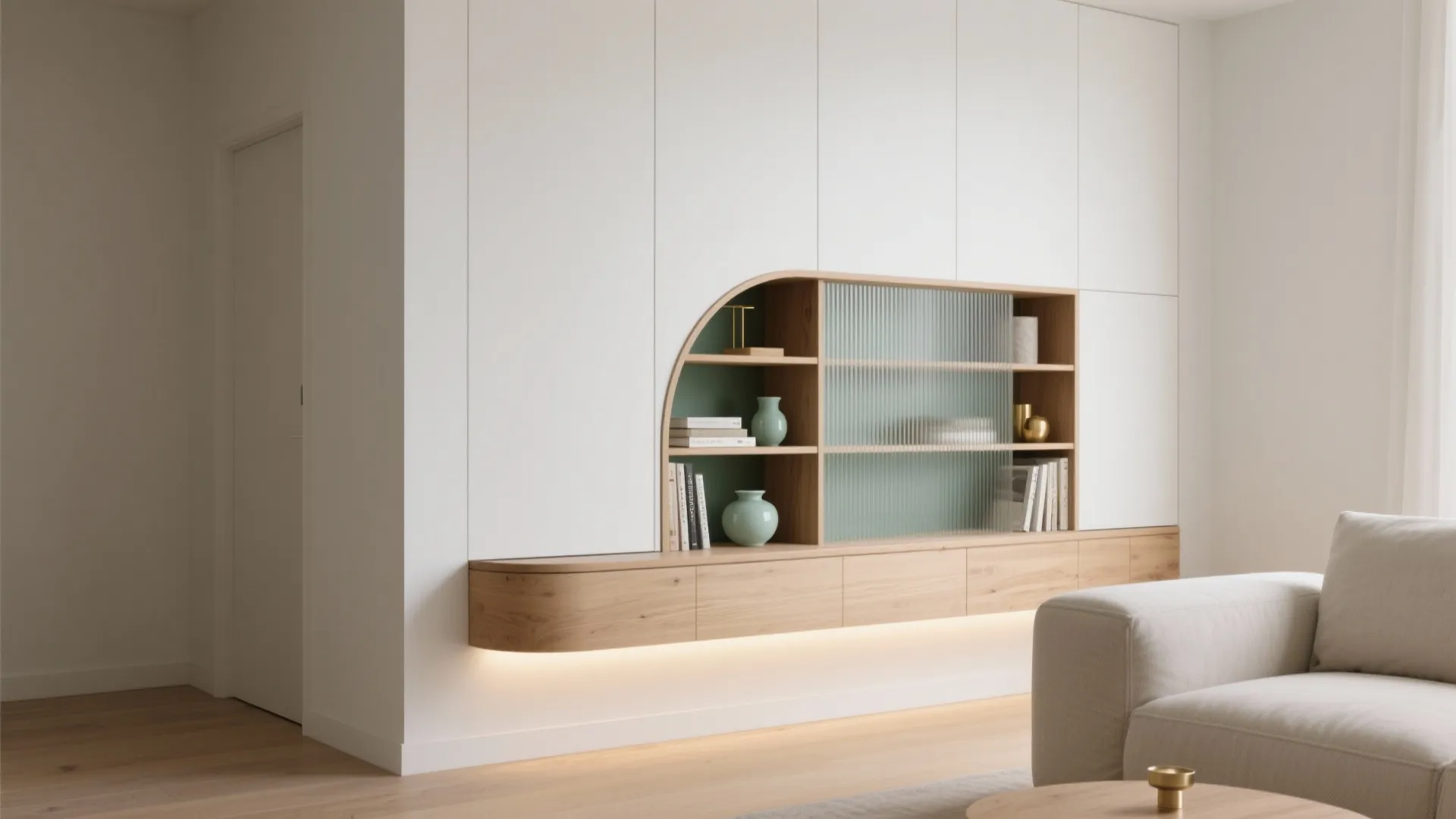 Modern white wall cabinet featuring a curved wooden shelf with glass doors and white sofa
