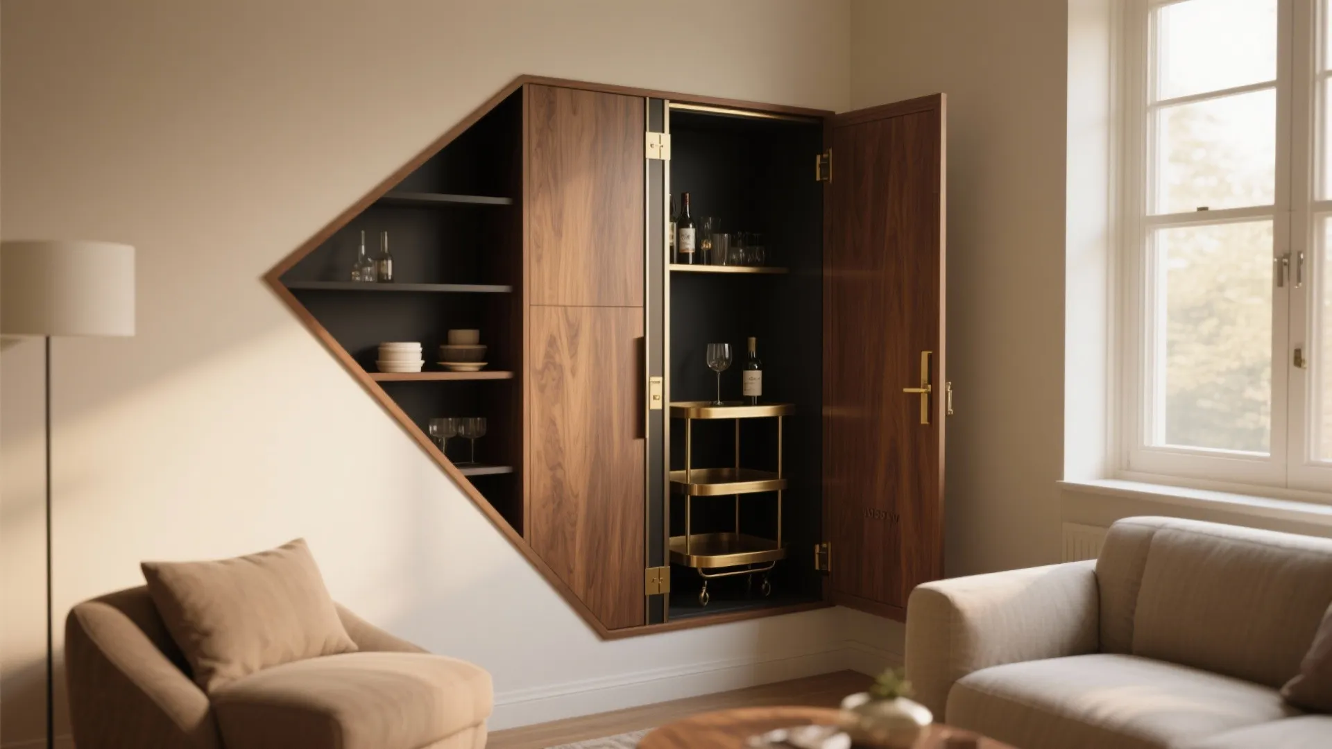 Custom wood cabinet with triangle shelves and open door showing a small bar and cart