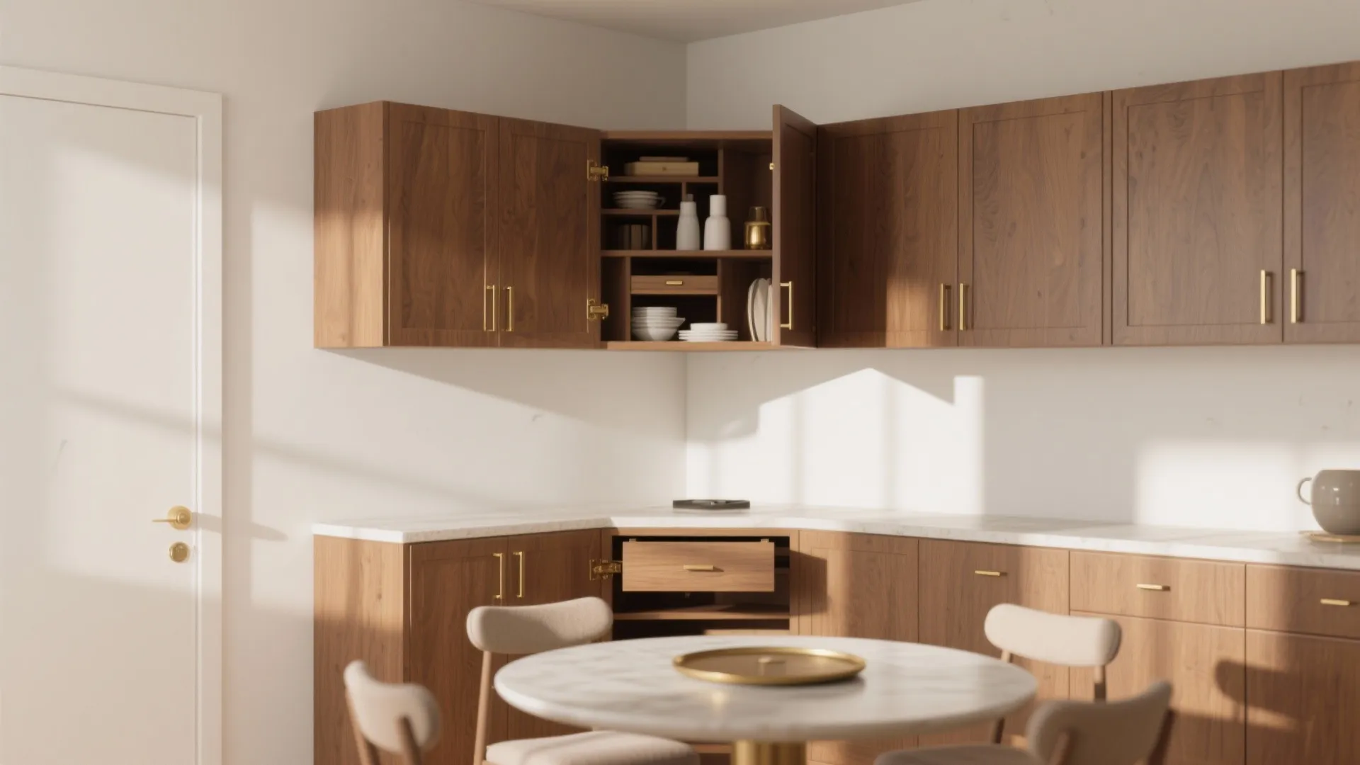 Modern wood corner cabinet design with open shelves displaying kitchenware and a round dining table
