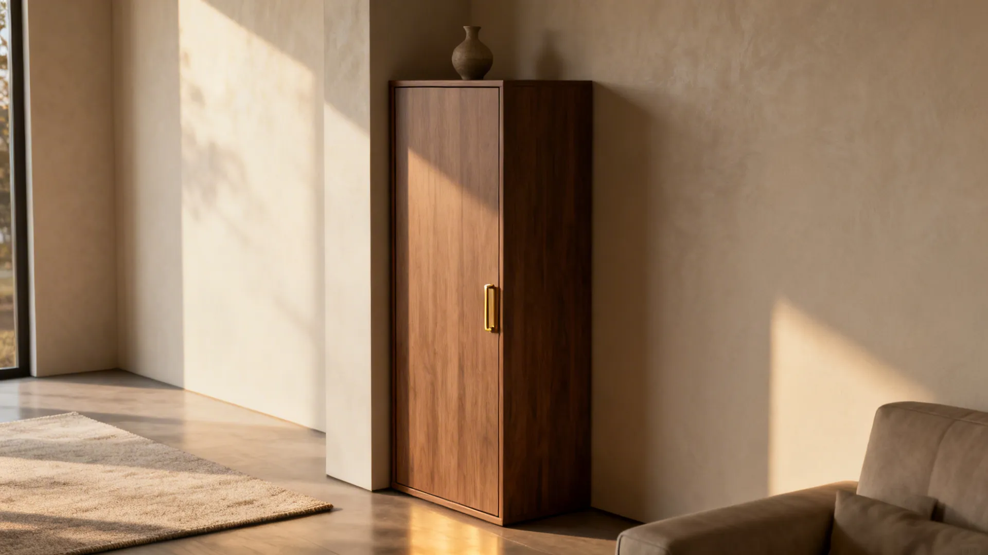 Slim closed corner cabinet blending into a living room for hidden storage
