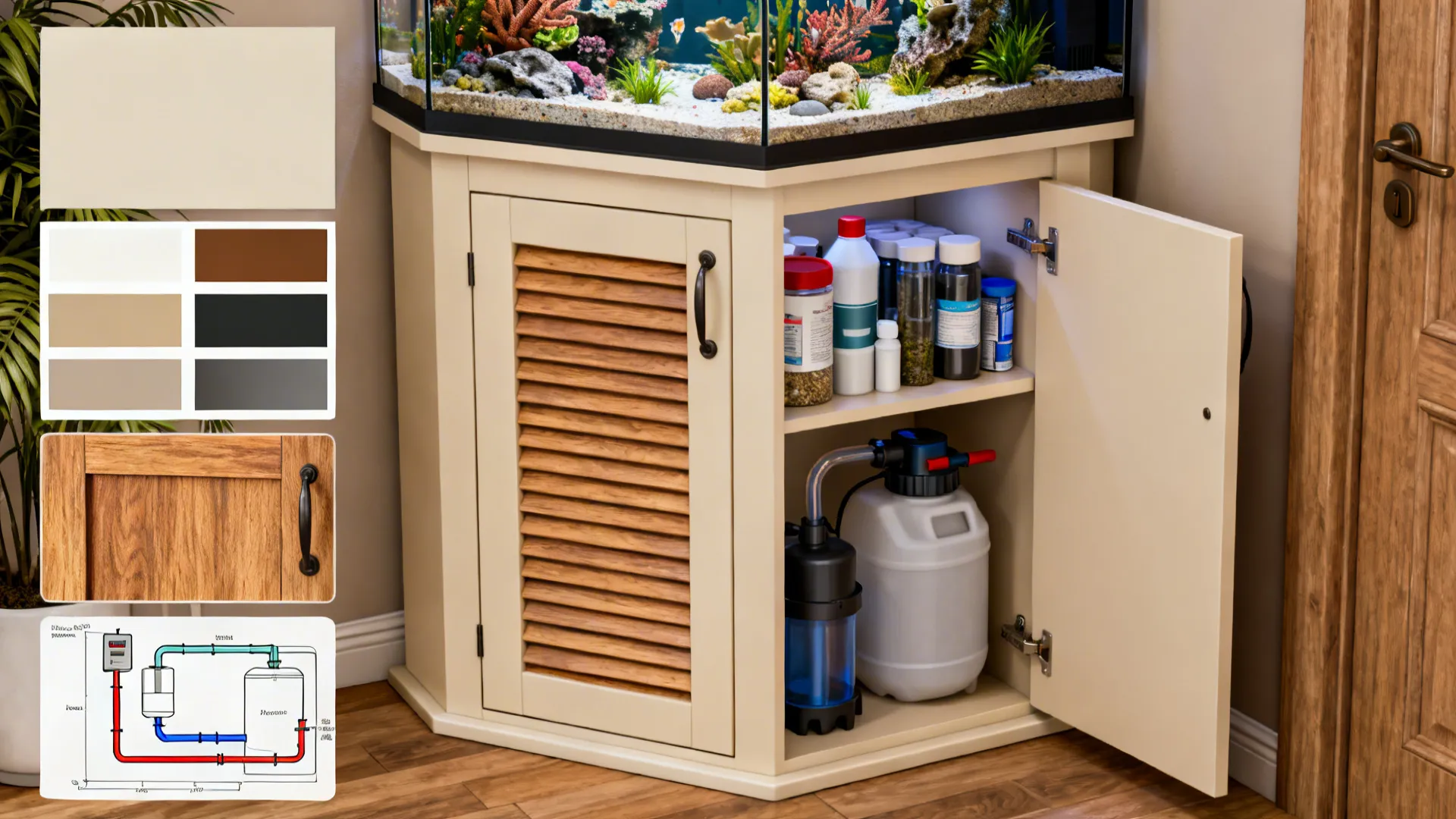 Corner cabinet with integrated aquarium above and louvered storage below, with material swatches and supply layout.