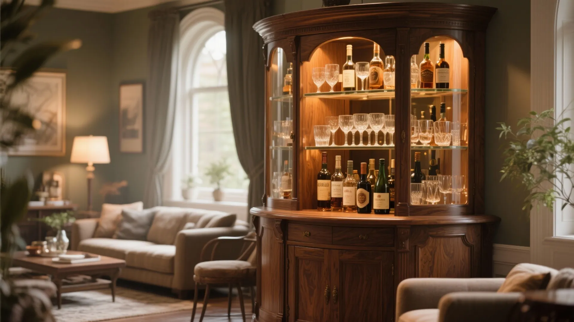 Traditional wooden bar cabinet displaying wine bottles and glassware inside a cozy well lit room
