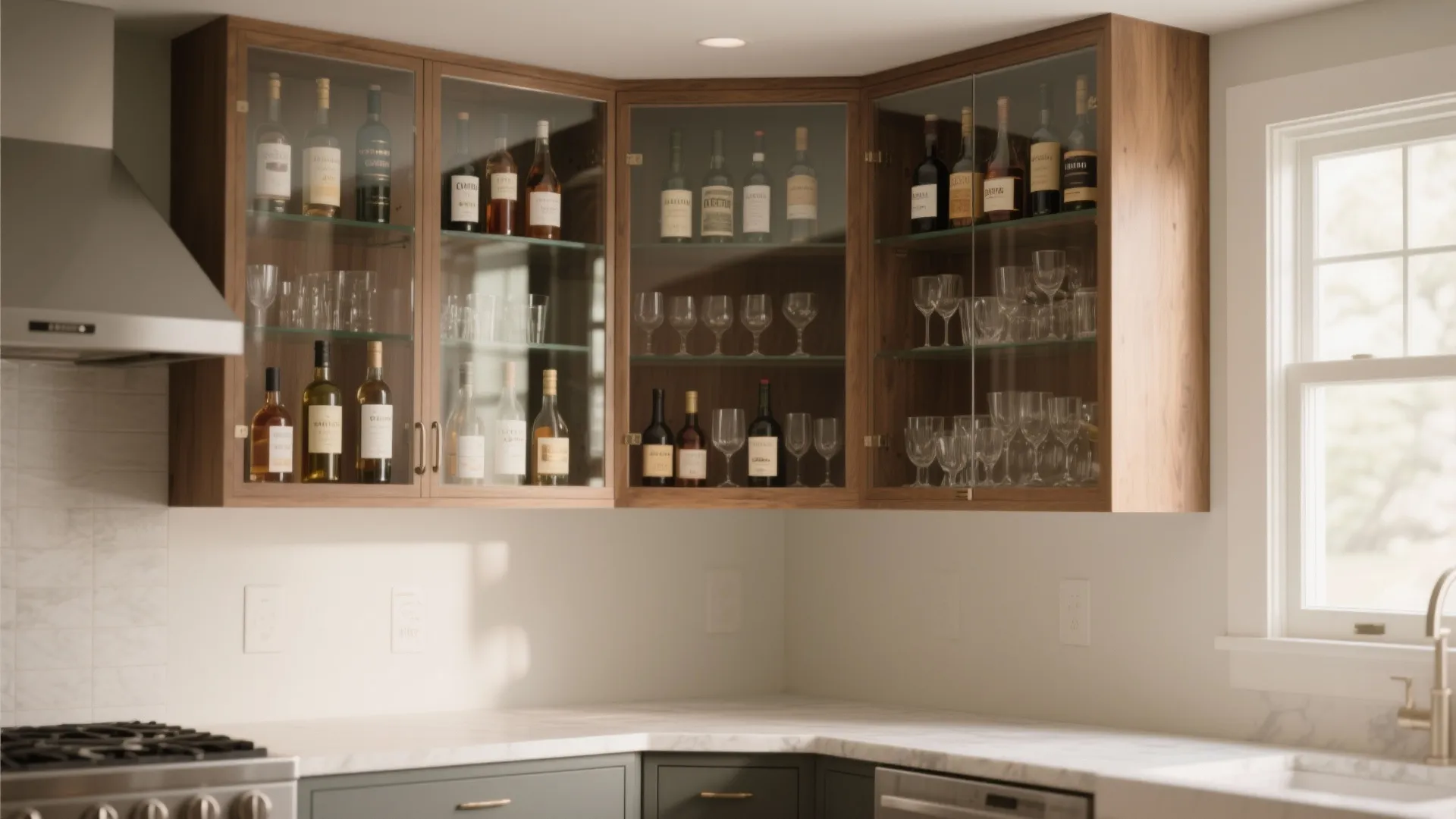 Corner wall cabinet with glass doors storing wine bottles and glasses above a marble countertop