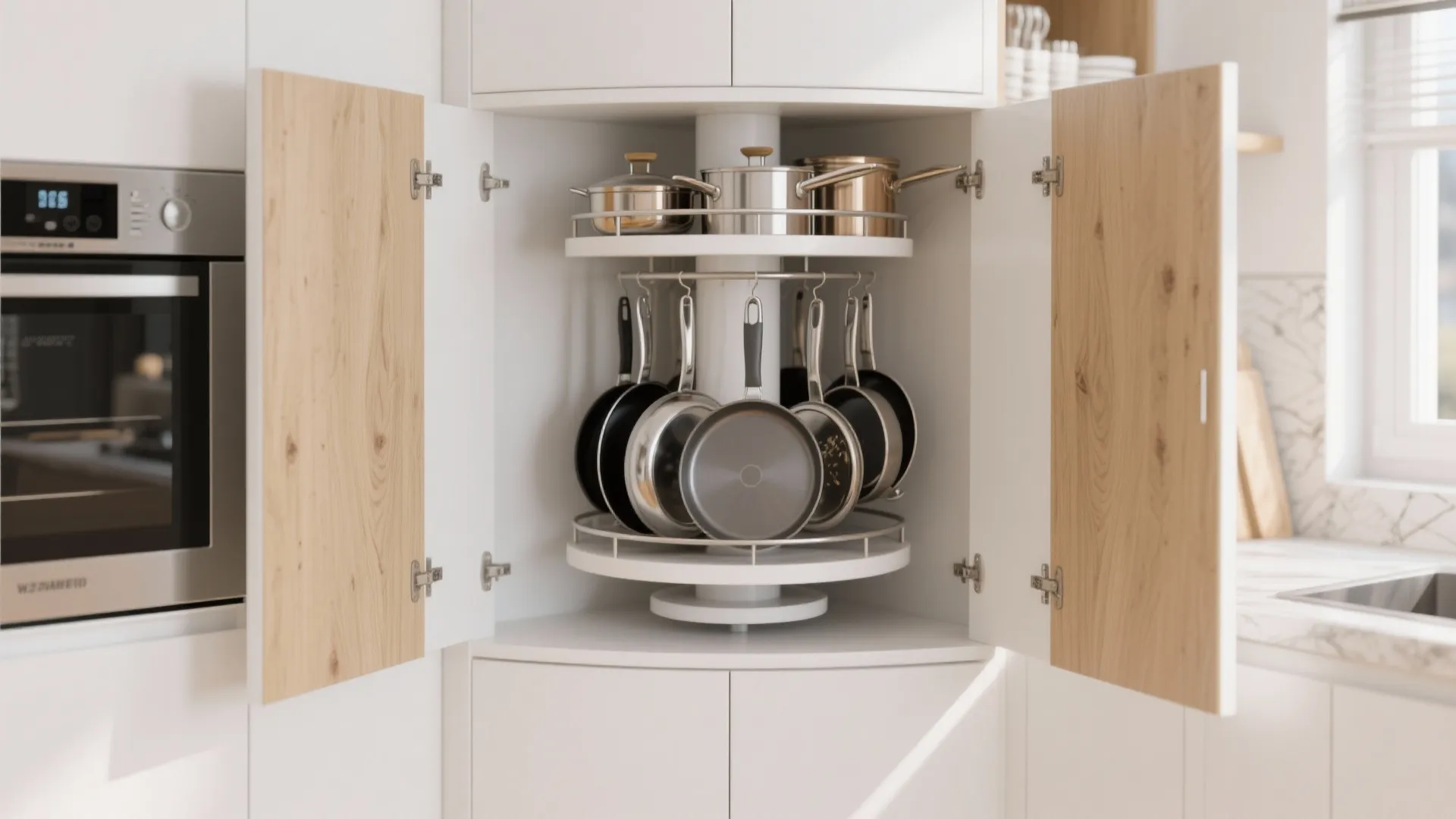 Corner kitchen cabinet with rotating shelves holding several metal cooking pots and hanging frying pans.