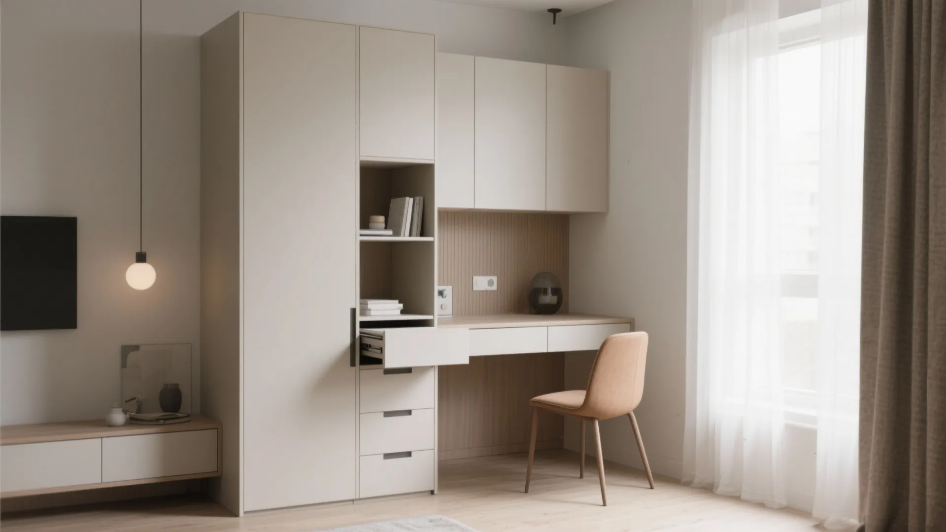 Built-in corner cabinet and desk unit with a tan chair hanging light and white curtain