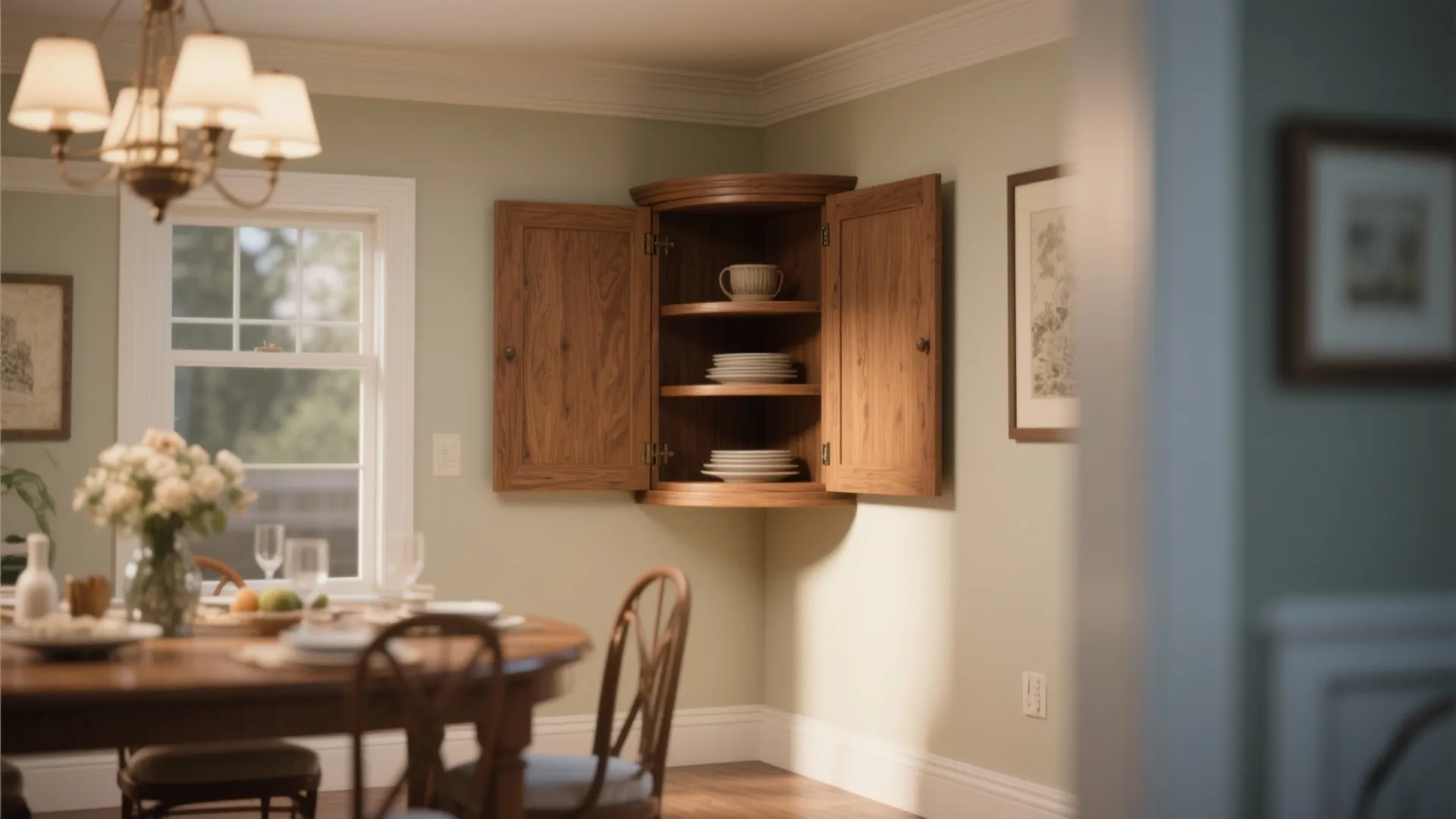 Corner cabinet with rotating shelves in dining room