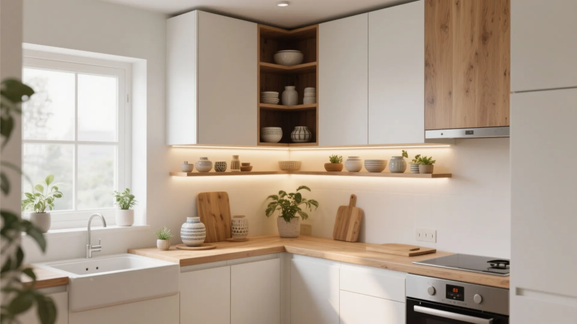 Modern white kitchen with wooden countertop open corner shelving unit and built in oven appliance