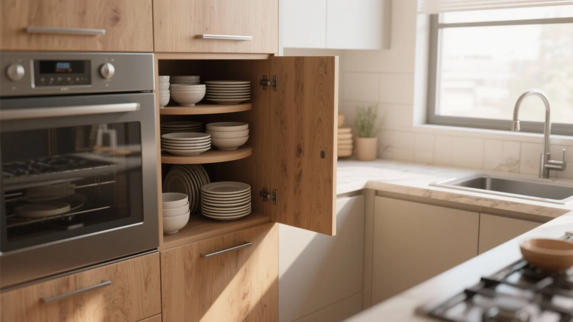 Open wooden kitchen cabinet showing stacks of white plates and bowls next to silver oven