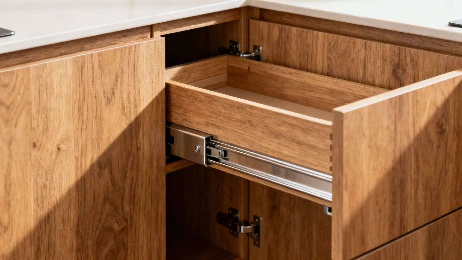 Macro view of a blind-corner cabinet mechanism with aligned filler in a modern kitchen.
