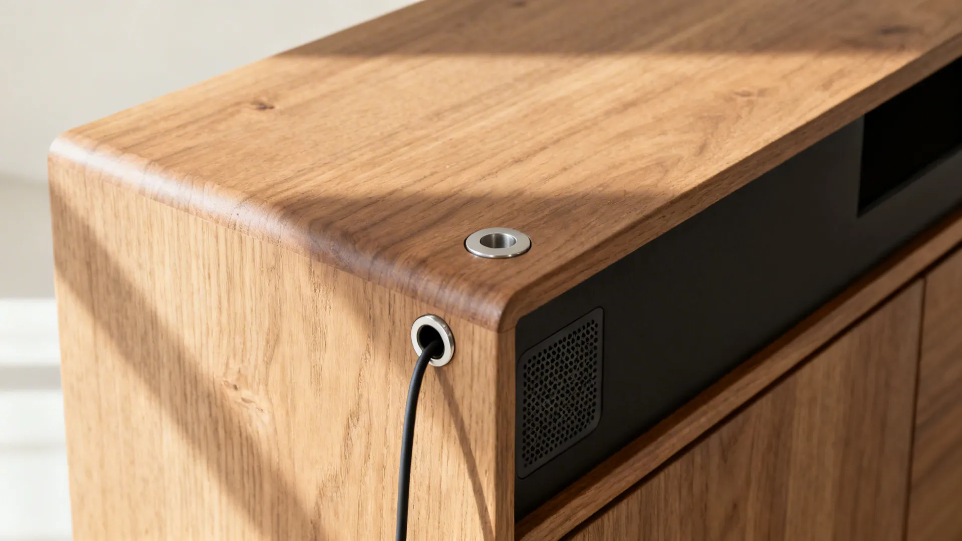 Close-up of a matte wood corner media cabinet with an integrated cord port.