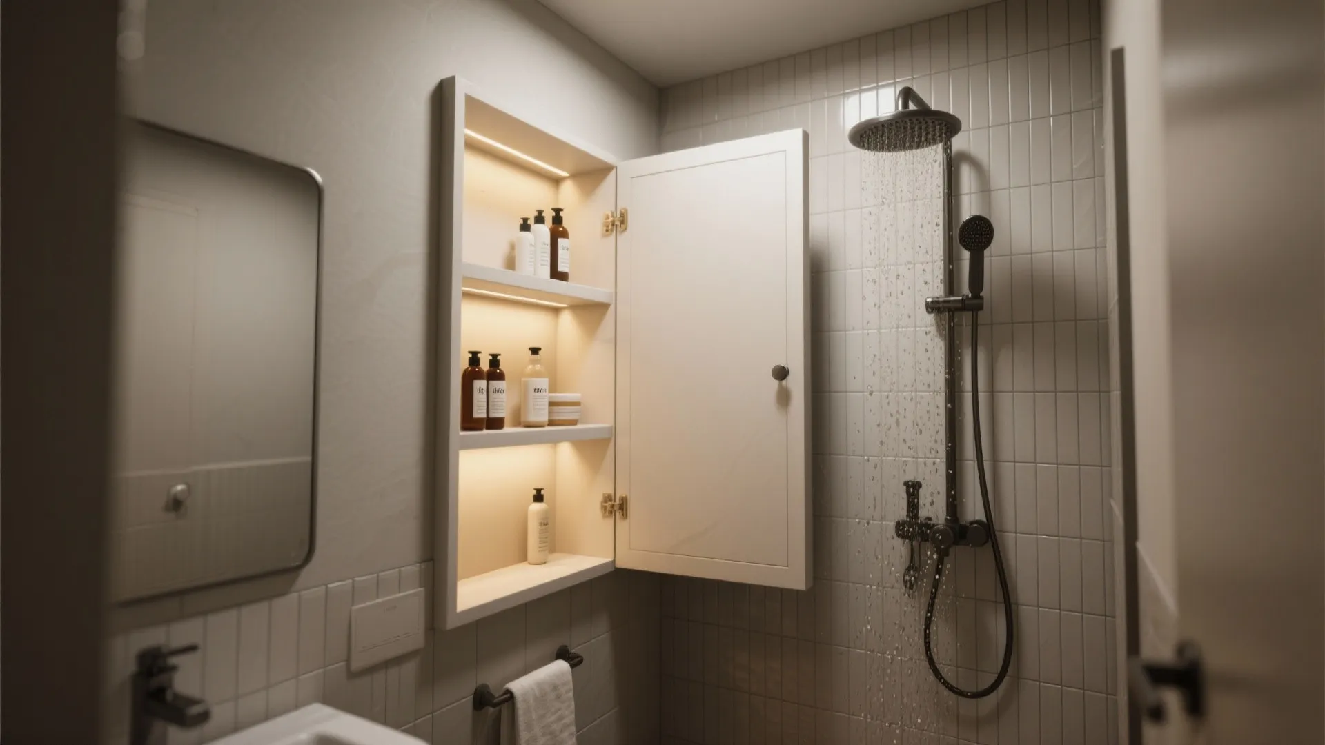 Corner cabinet that continues into a tiled shower niche maximizing storage in a small bathroom.