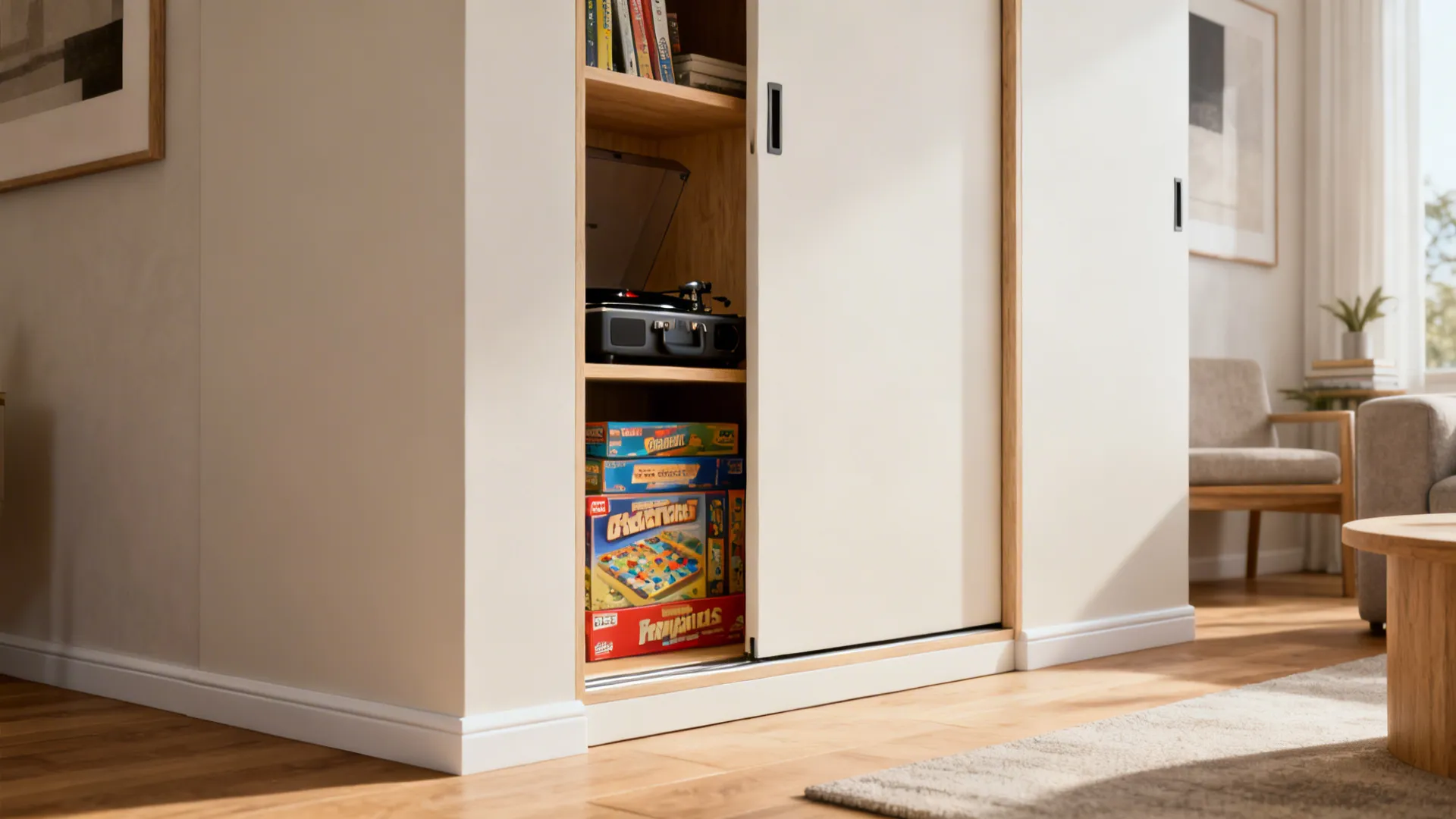 Corner cabinet with sliding doors opened to show storage for games and a record player.