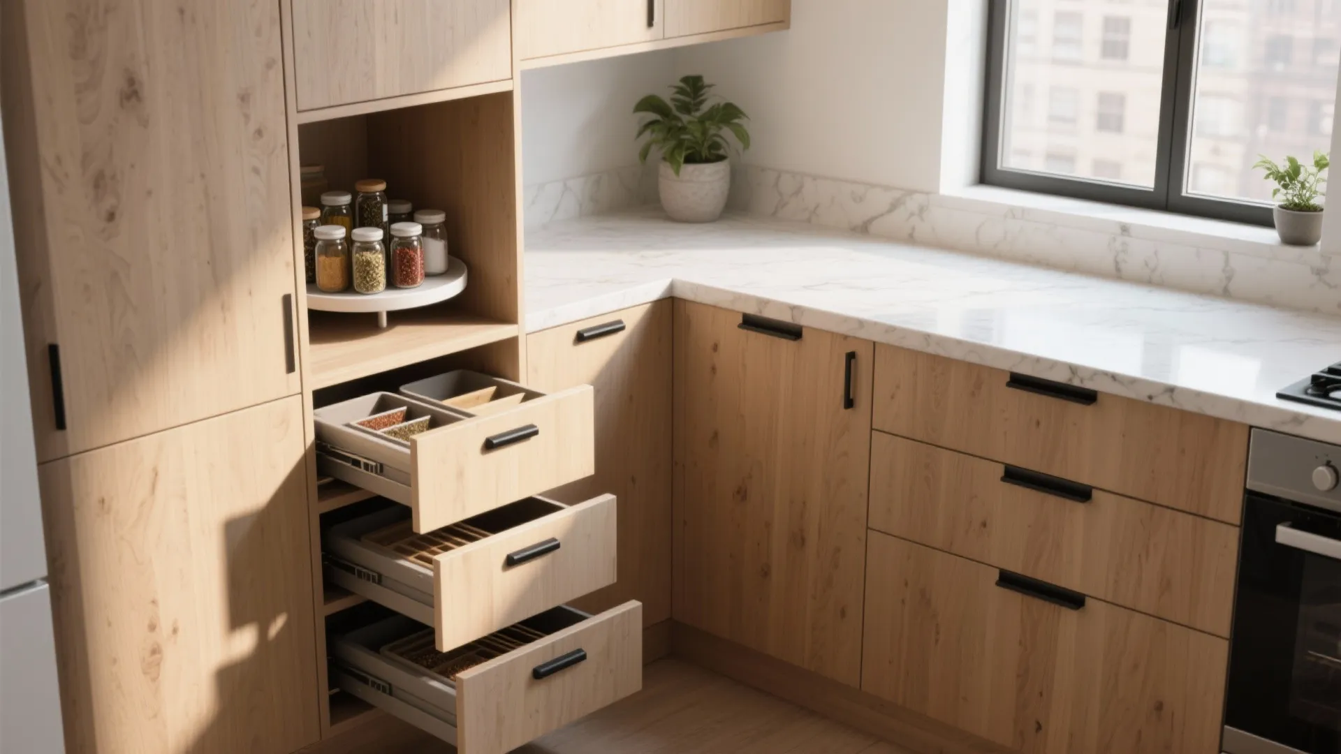 Modern wood kitchen cabinet with open drawers storage for spices next to a bright window