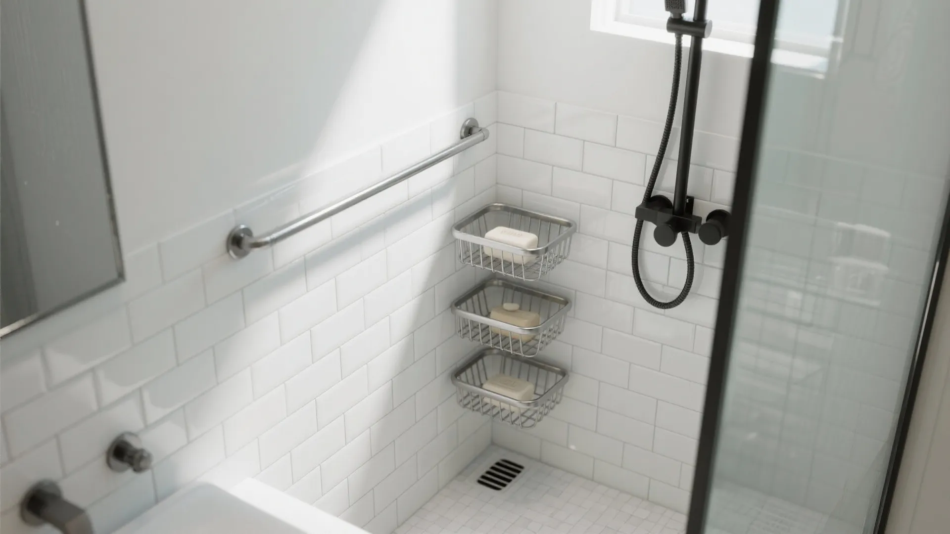 Compact bathroom corner with stainless rail and soap basket, tiered caddy, and white tile.