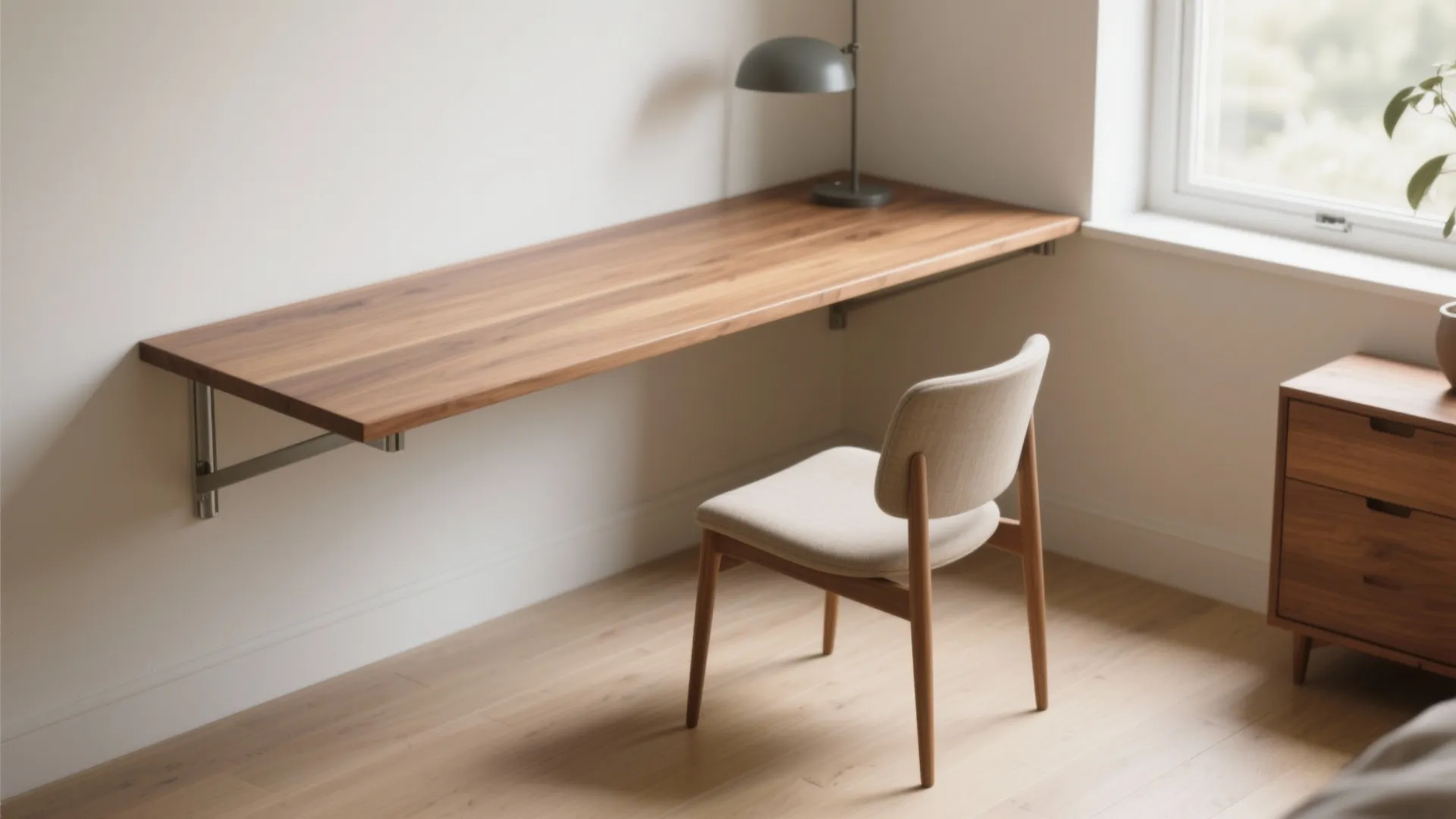 Wall mounted wooden desk with small grey lamp and chair near window in bright room