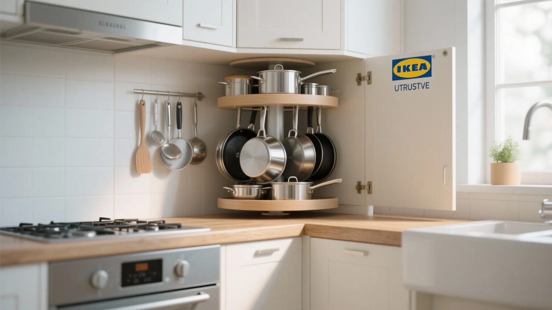 Rotating corner cabinet organizer with metal pots and pans stored inside a modern white kitchen