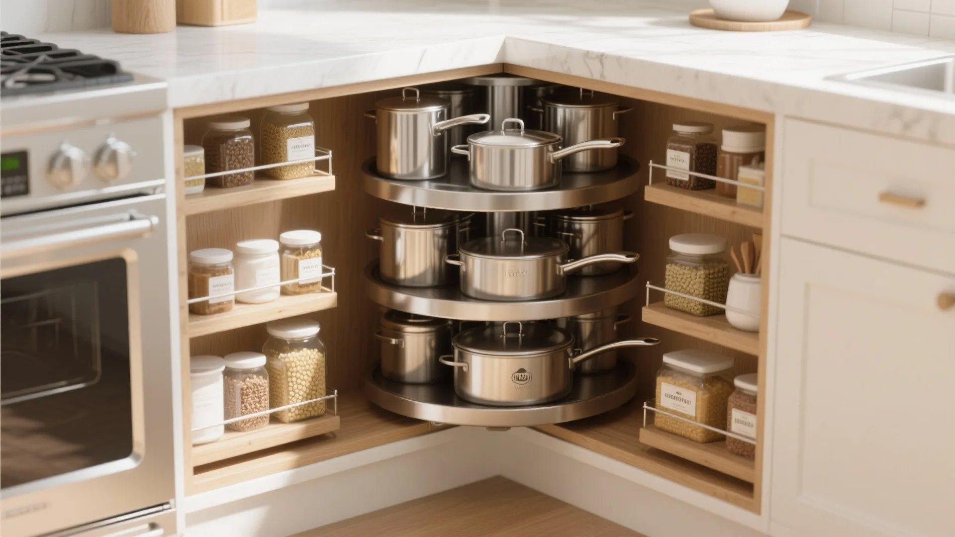 Kitchen corner cabinet with rotating shelves holding metal pots and wooden side shelves for jars