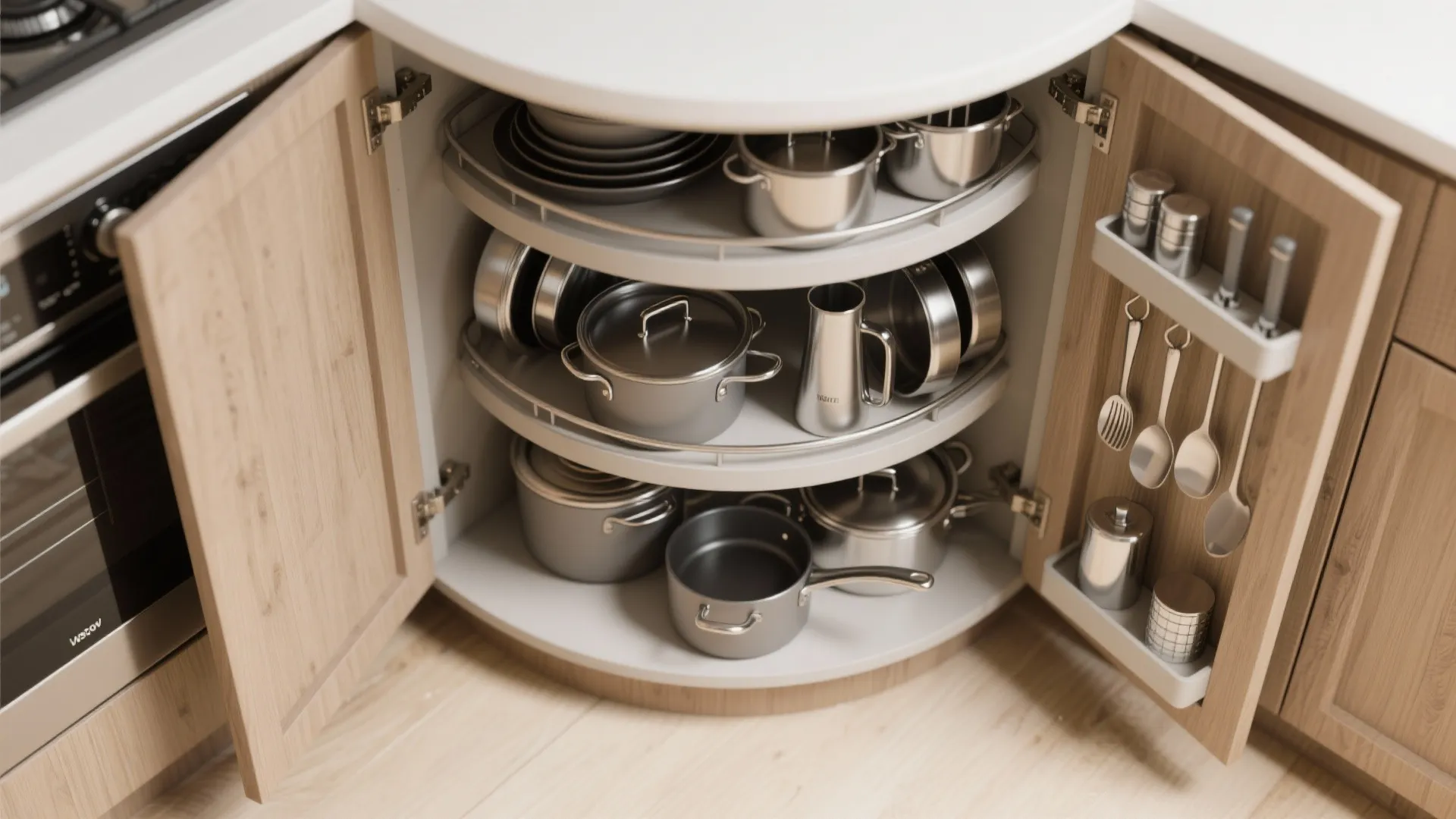 Corner cupboard carousel storing pots and pans