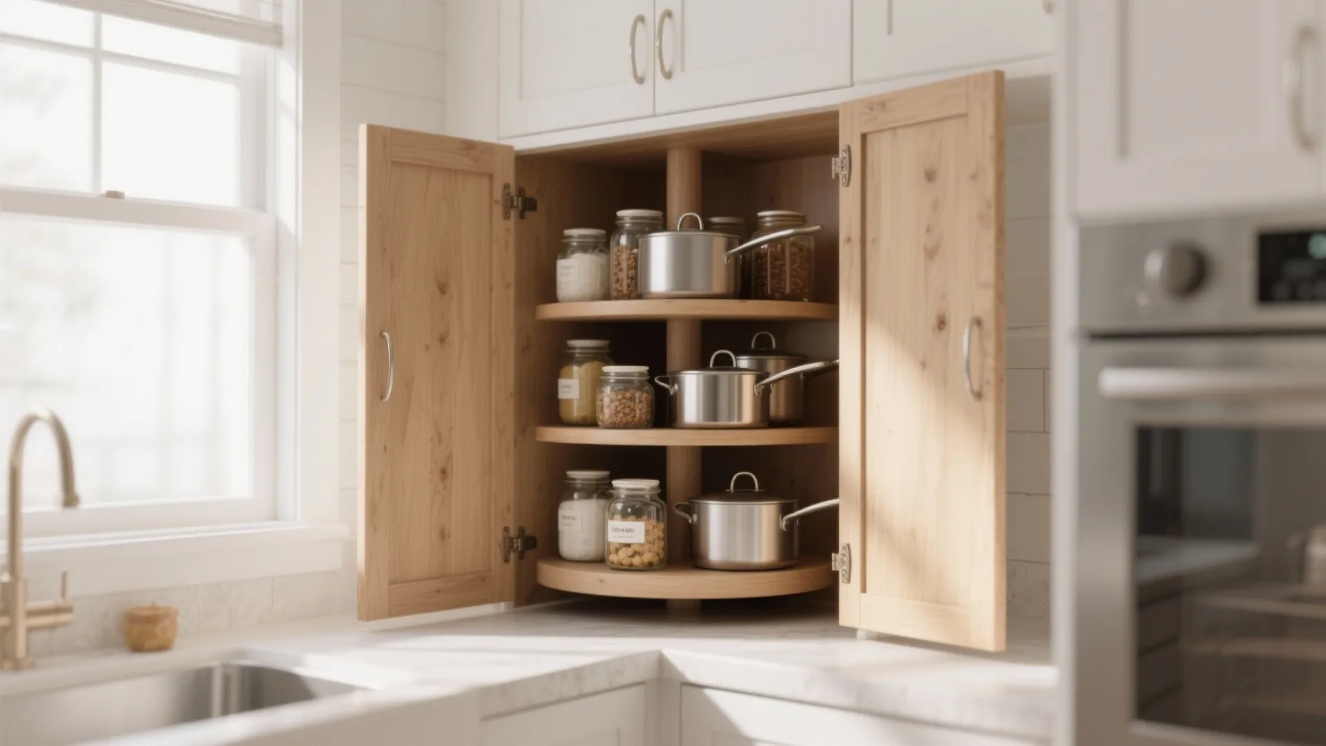 Rotating wooden kitchen corner shelf inside white cabinet holding silver pots and glass food jars
