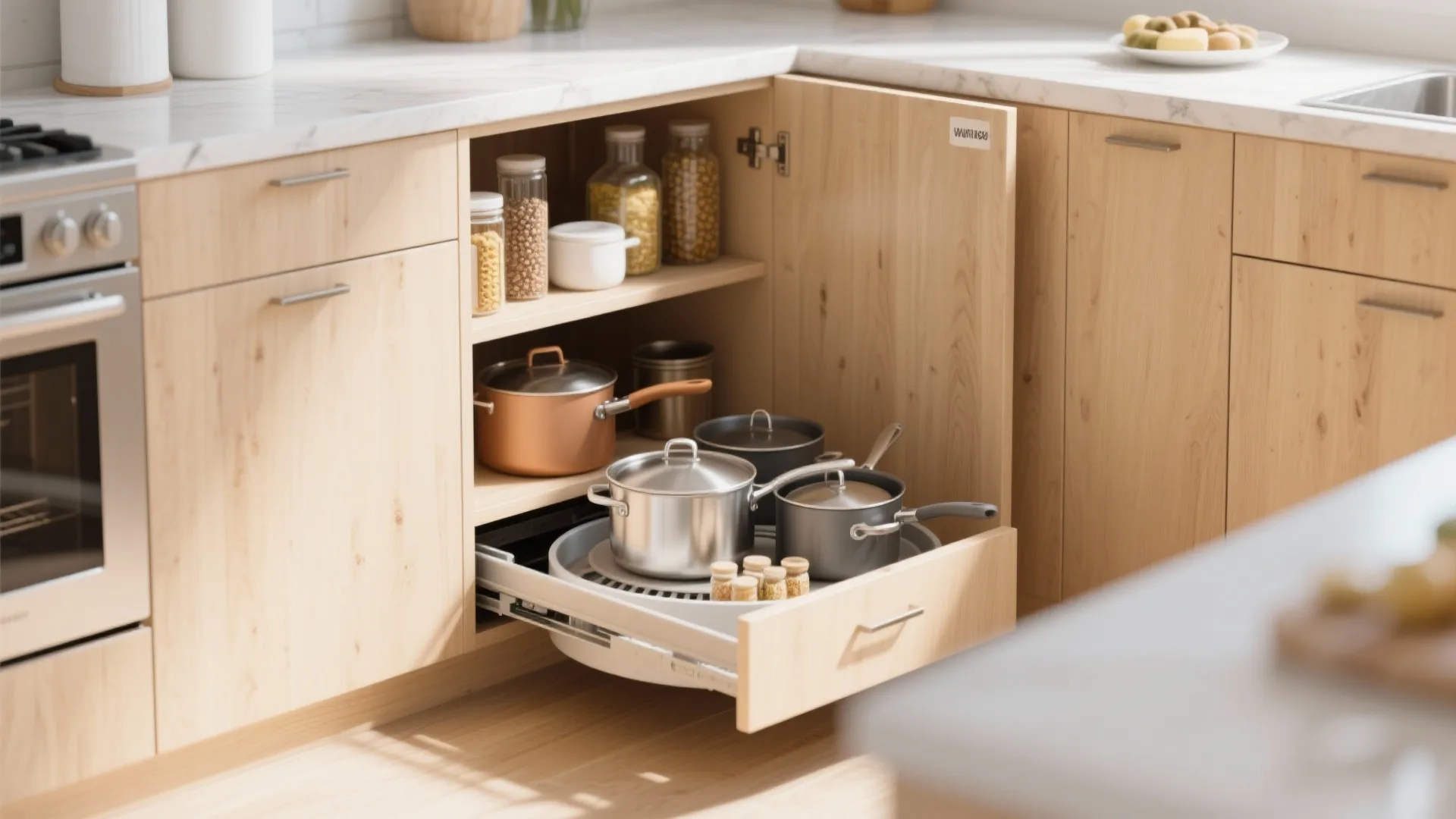 Pull-out corner carousel inside kitchen cabinet