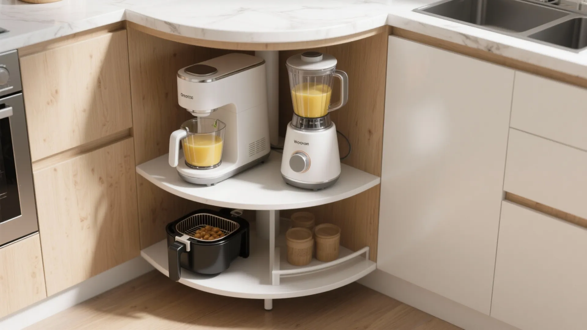 Corner kitchen cabinet with rotating shelves holding a juice maker blender and small black fryer