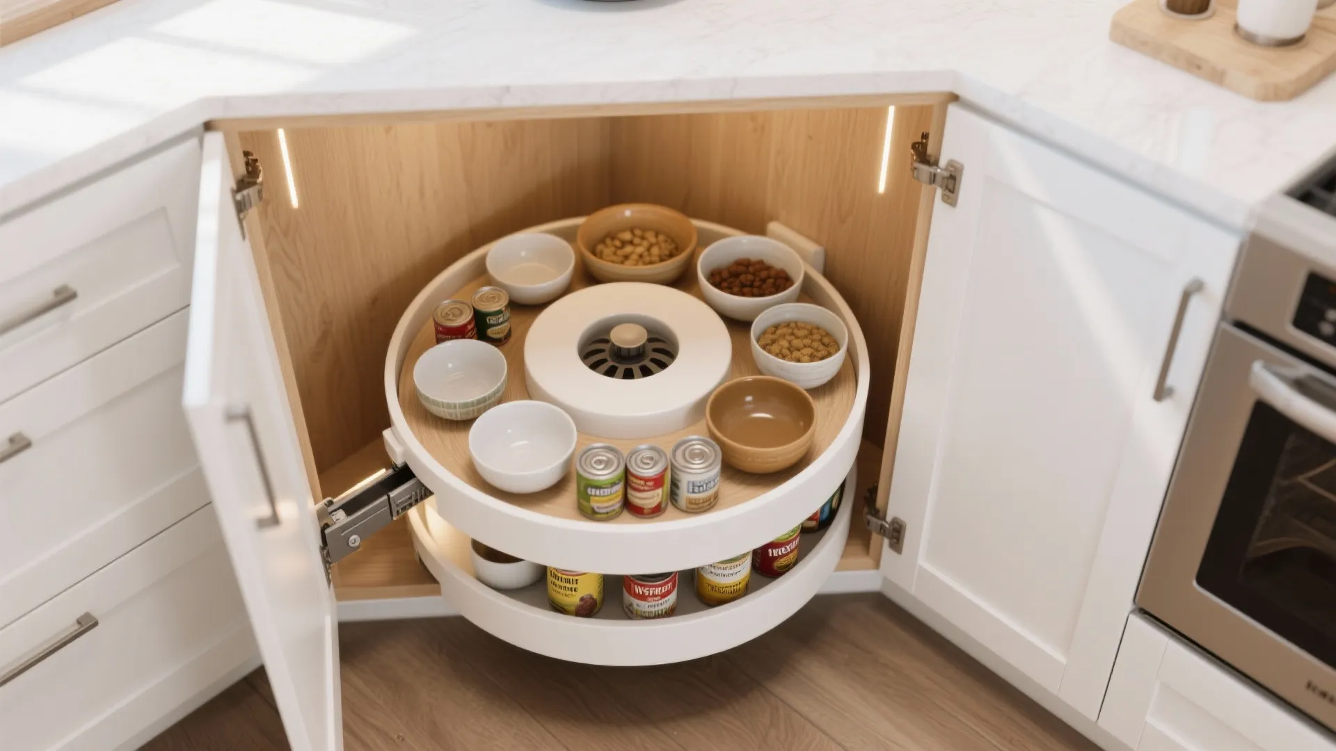 White corner kitchen cabinet open door showing a rotating two tier wooden tray for storage