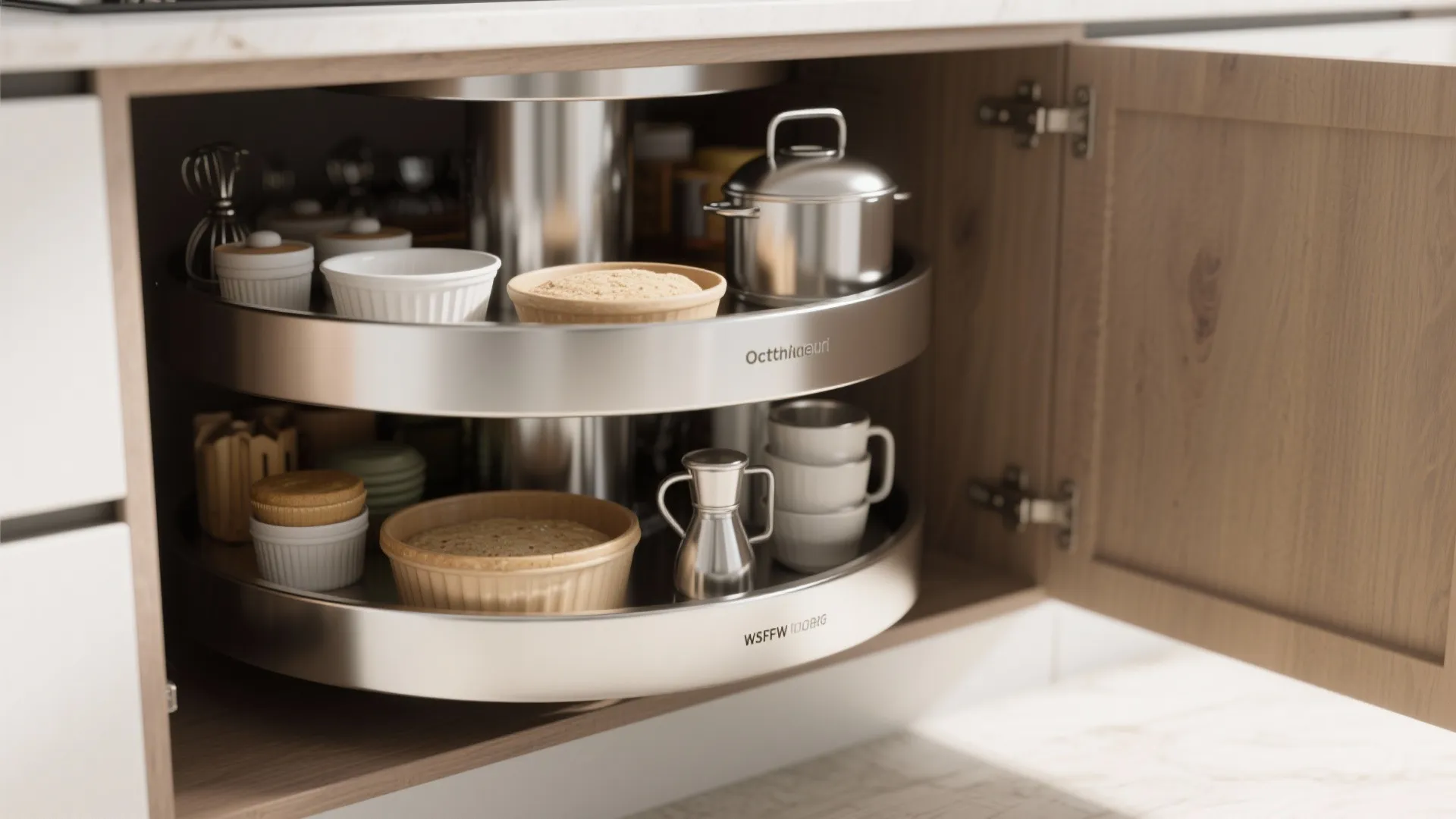 Pull out rotating kitchen cabinet shelf organizer with bowls pots and small containers for storage