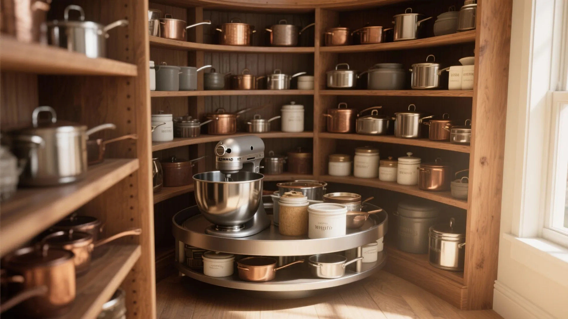 Large wooden corner pantry with curved shelves holding many copper pots and a silver mixer